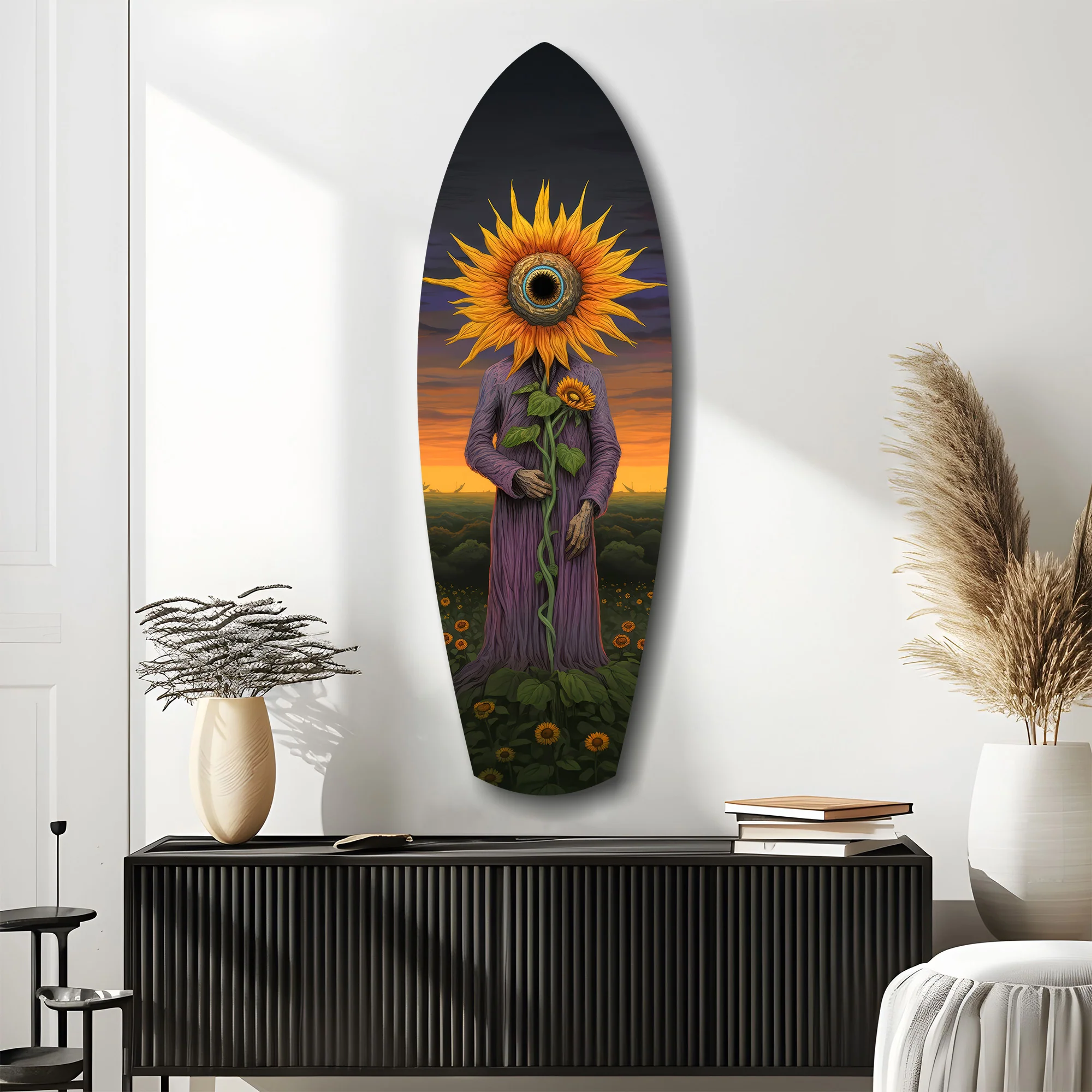 Sunflower-Headed Figure Surreal Glass Wall Art - Image 10