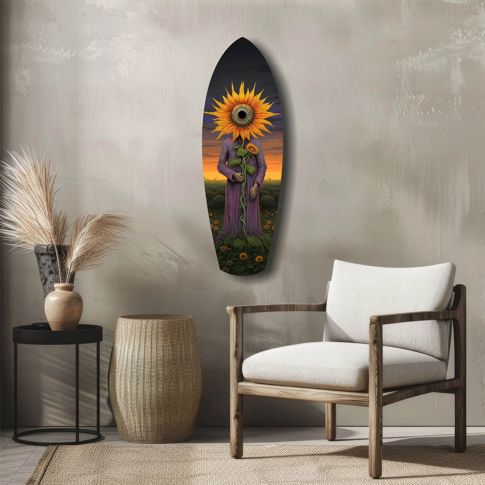 Sunflower-Headed Figure Surreal Glass Wall Art - Image 5