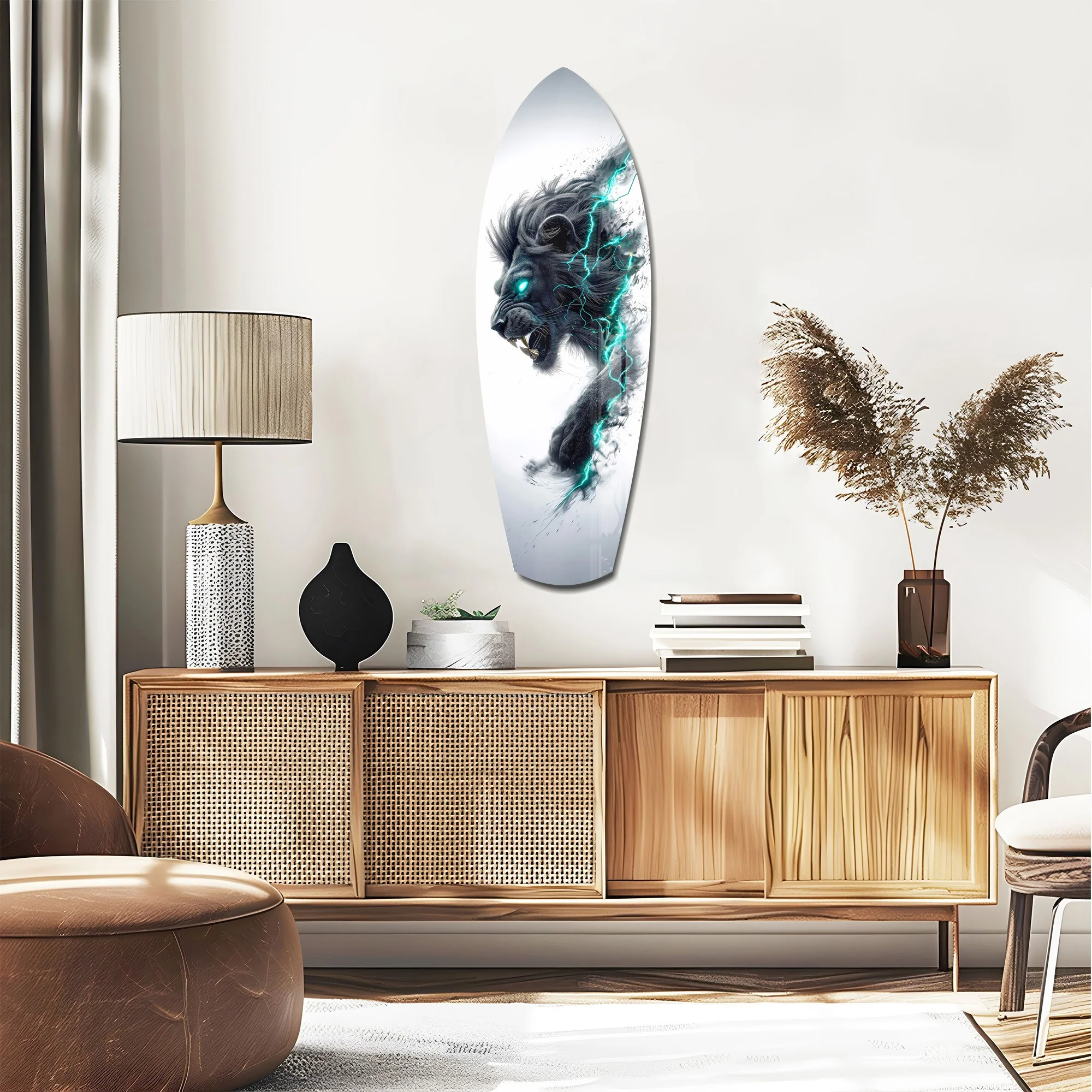 Black Lion Cyan Lightning Glass Wall Art - Image 2