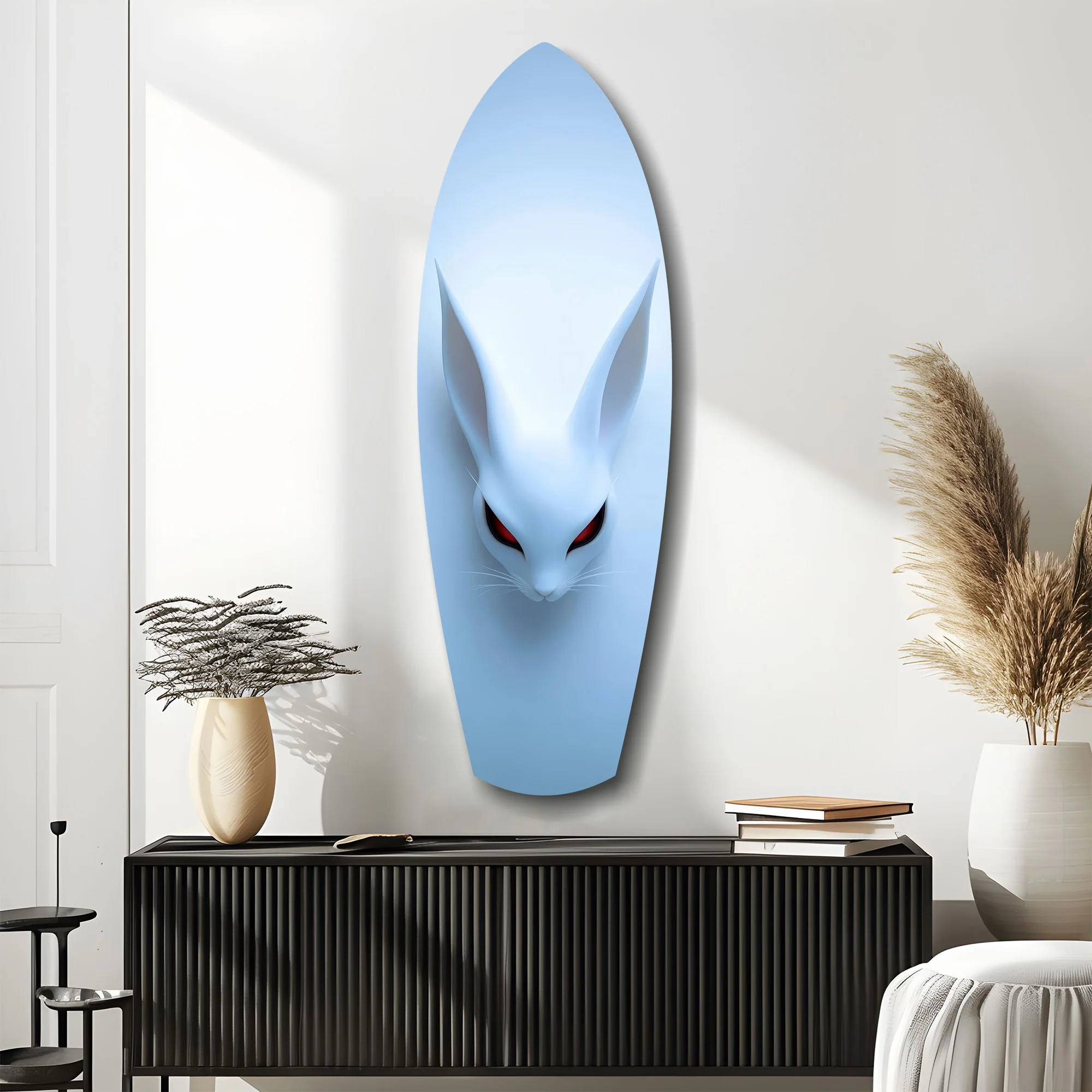 Pale Blue Rabbit Red Eyes Minimal Glass Wall Art - Image 10