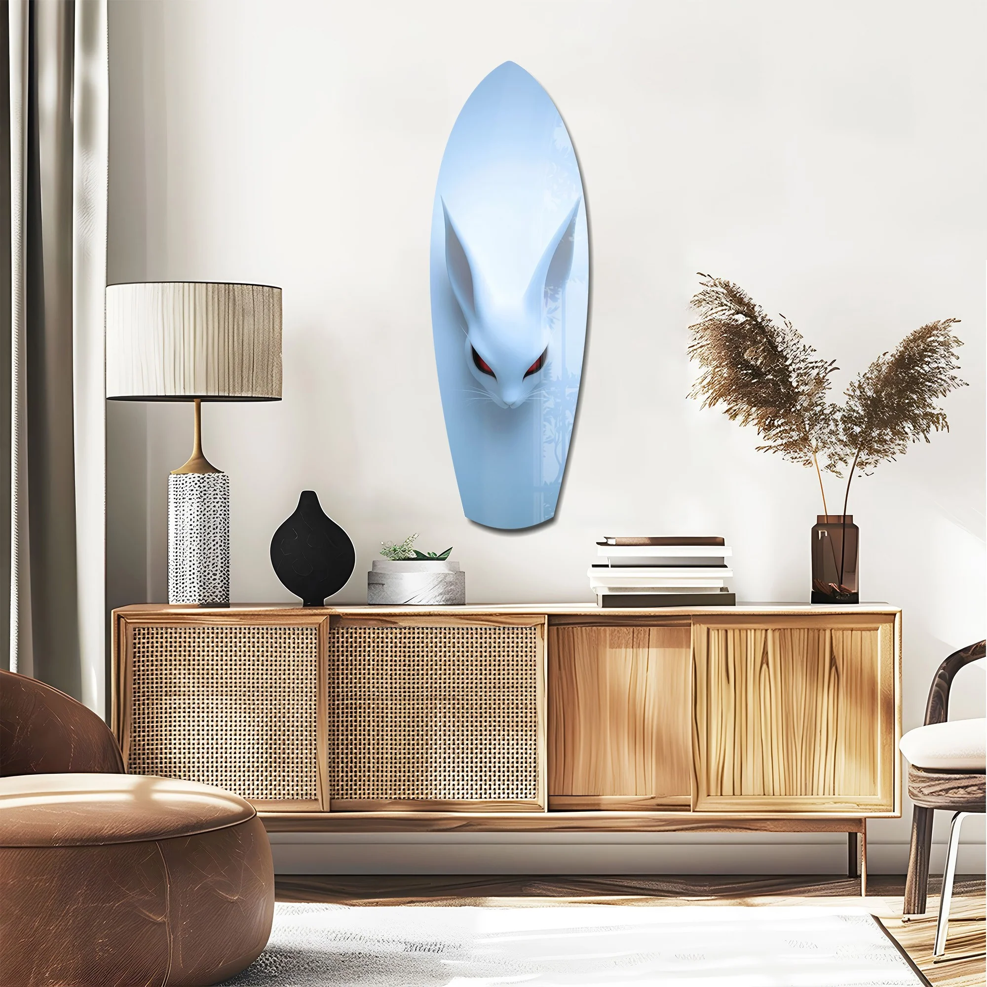 Pale Blue Rabbit Red Eyes Minimal Glass Wall Art - Image 2