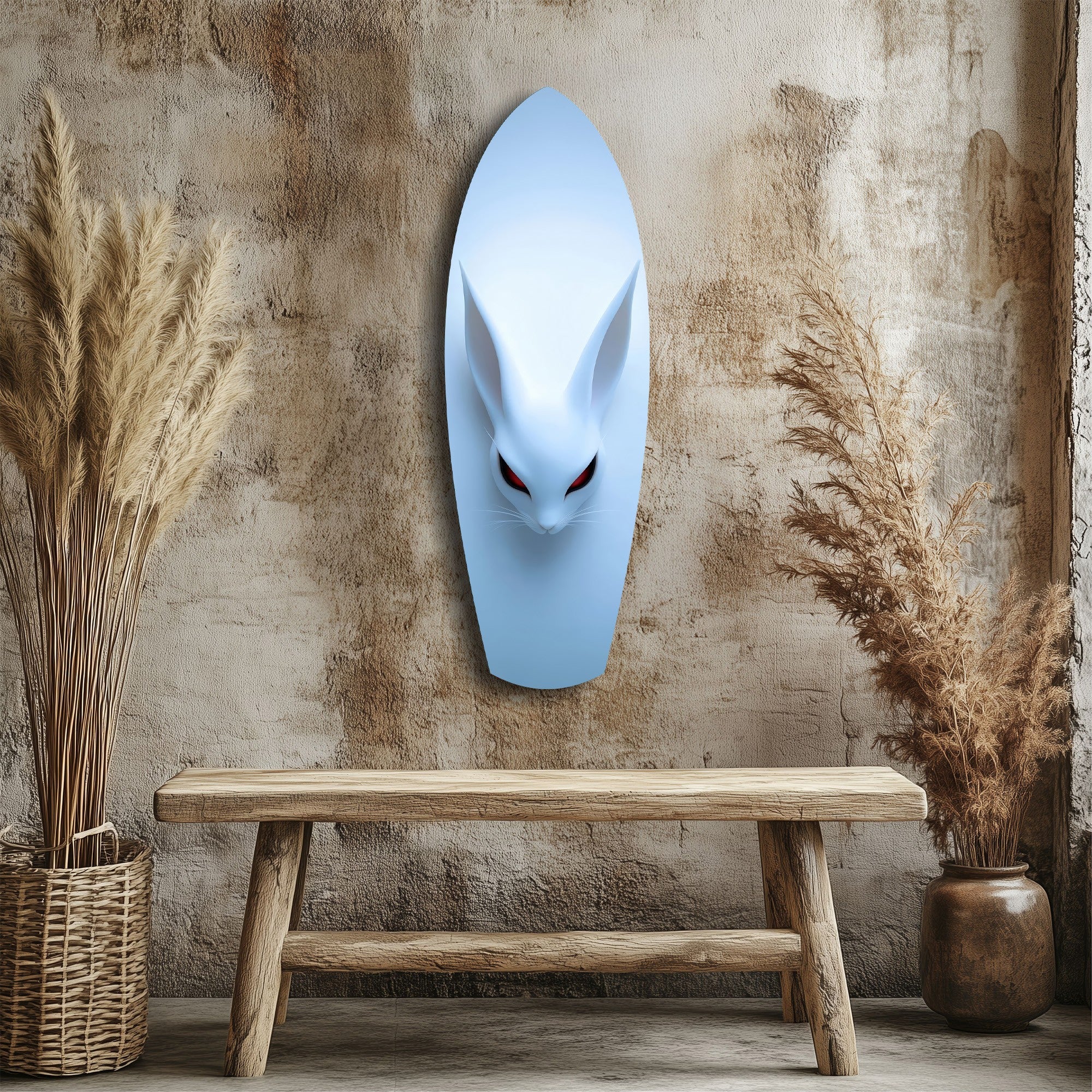 Pale Blue Rabbit Red Eyes Minimal Glass Wall Art - Image 3