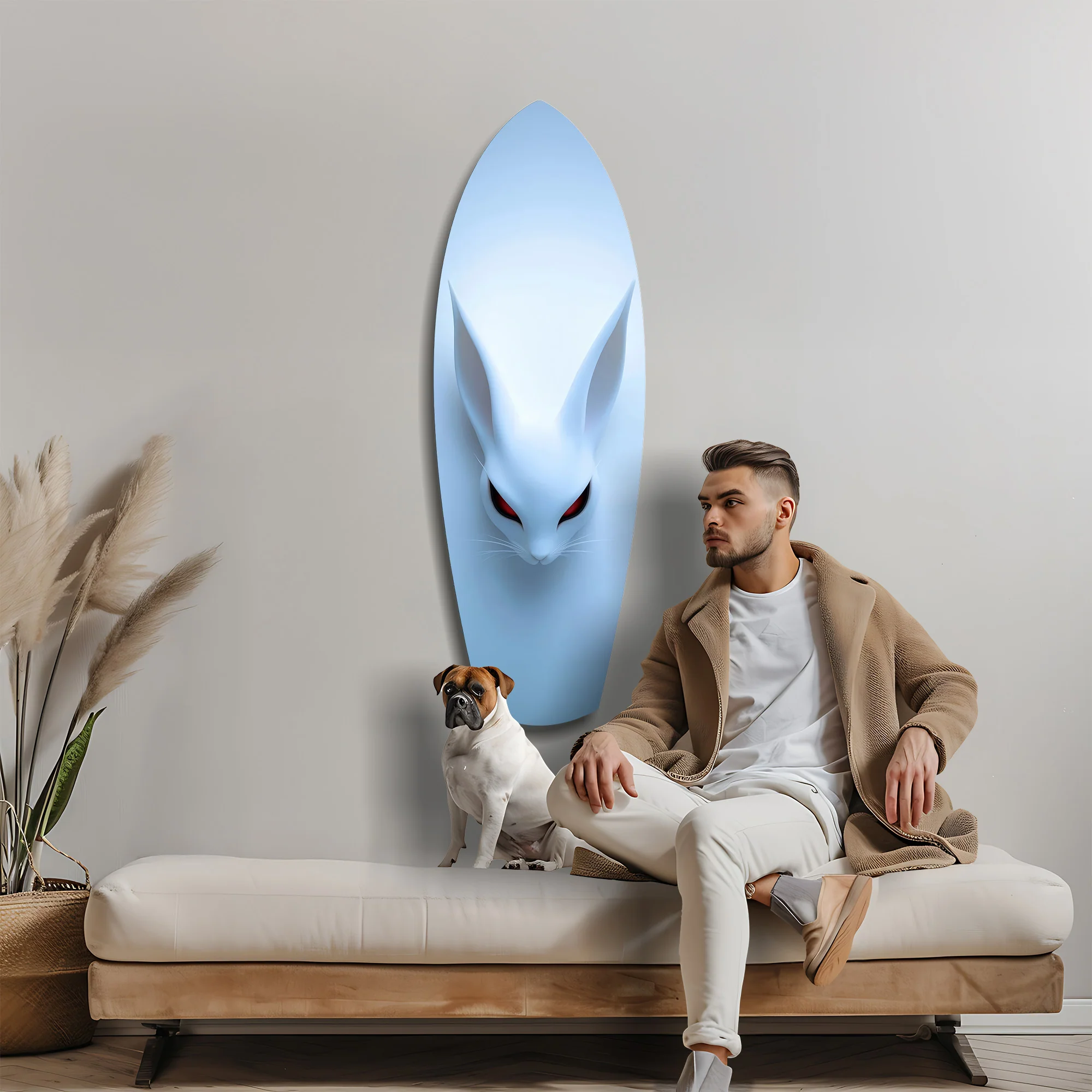 Pale Blue Rabbit Red Eyes Minimal Glass Wall Art - Image 9