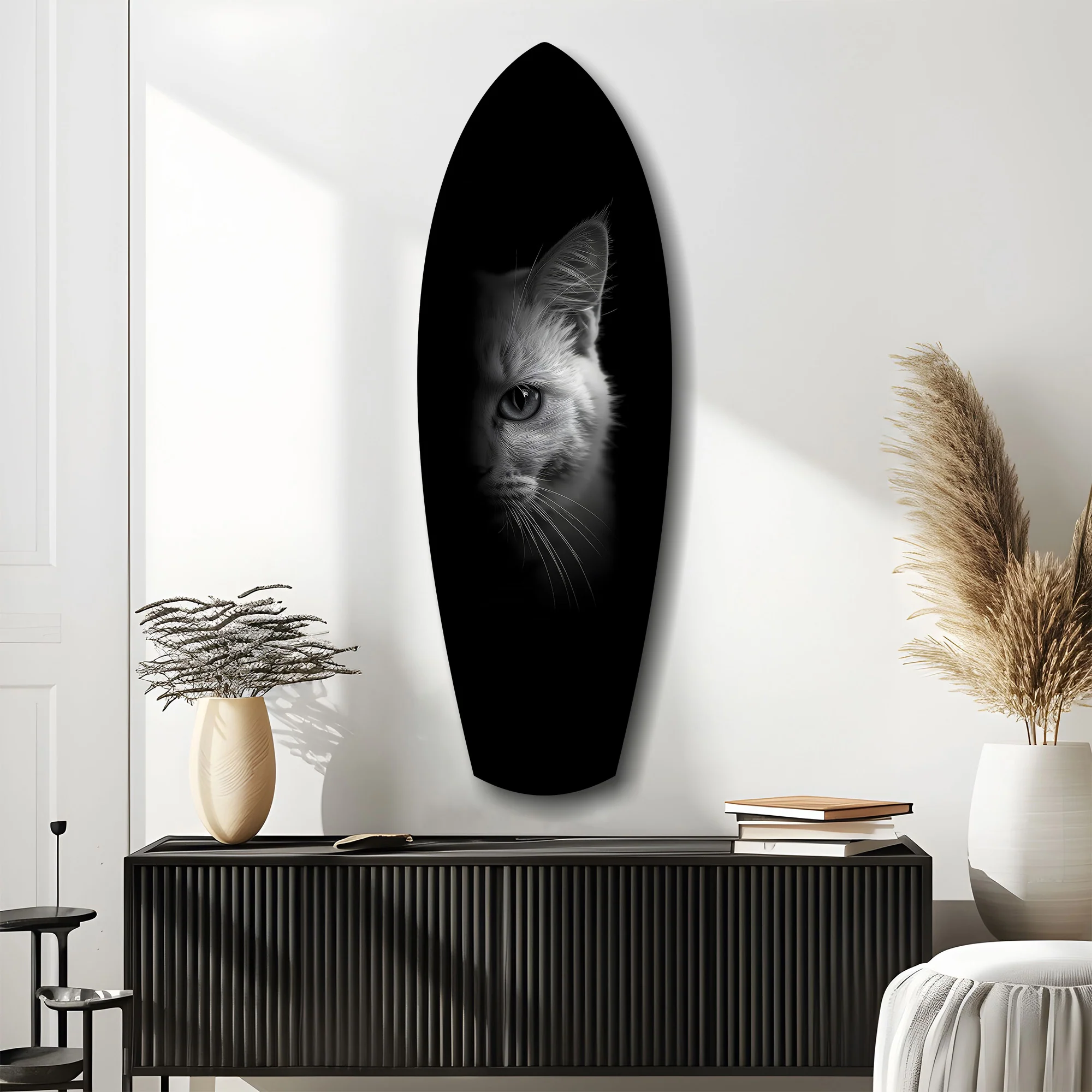 White Cat Half Face Black Background Glass Wall Art - Image 10
