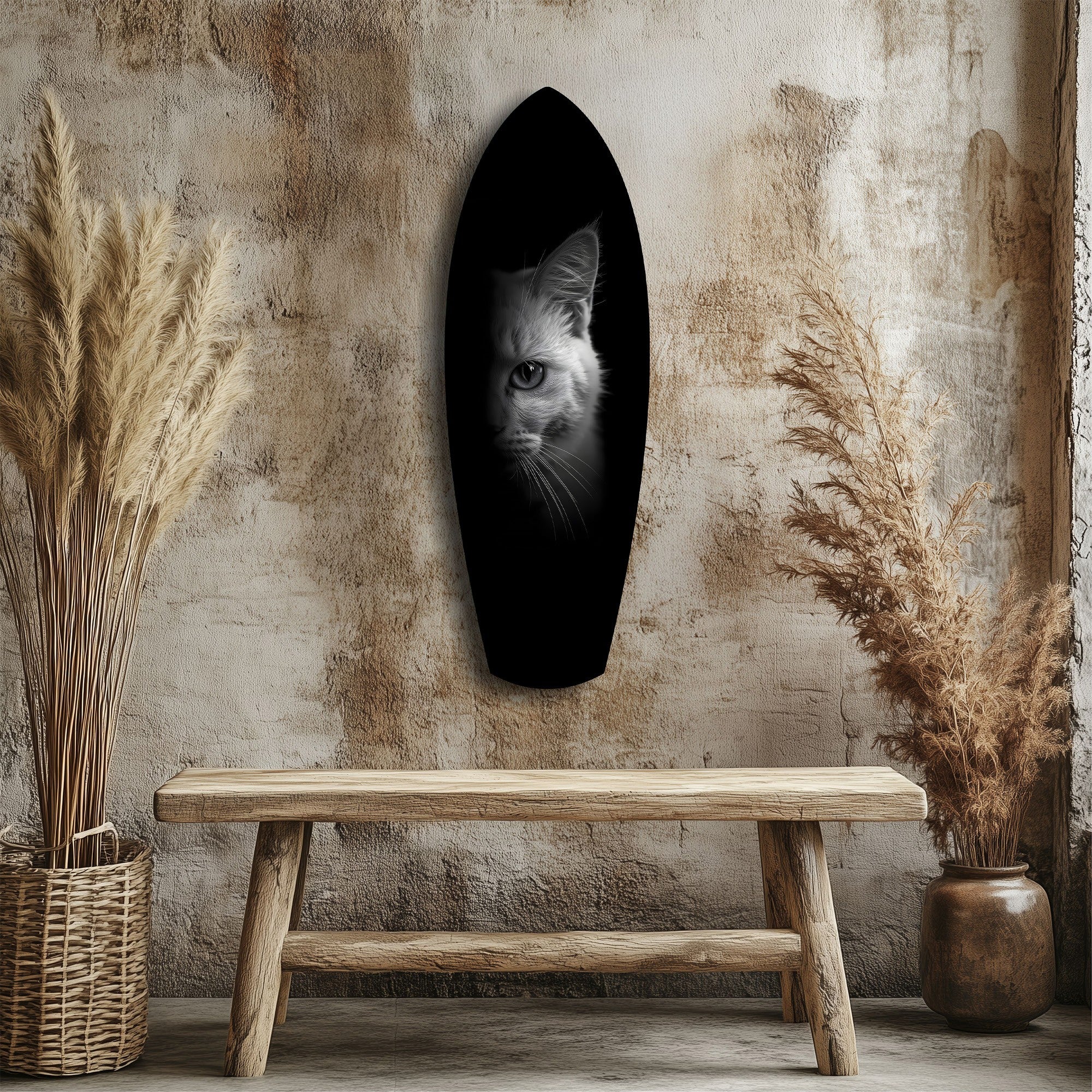 White Cat Half Face Black Background Glass Wall Art - Image 3