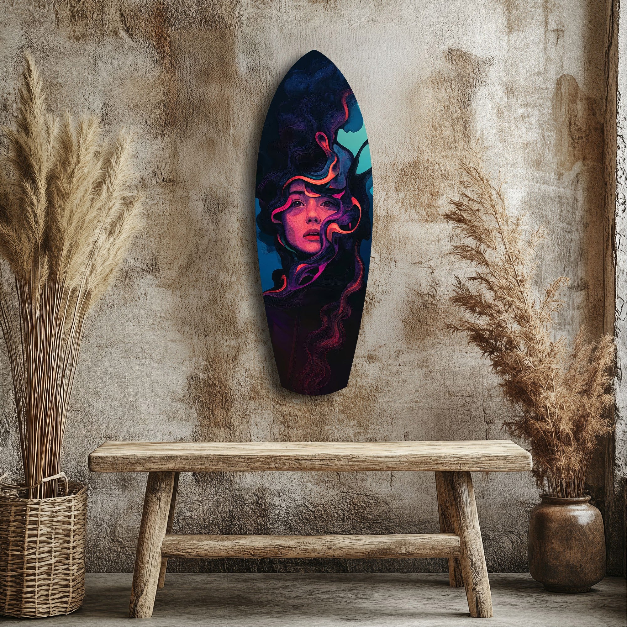Neon Smoke Woman Portrait Surreal Glass Wall Art - Image 3