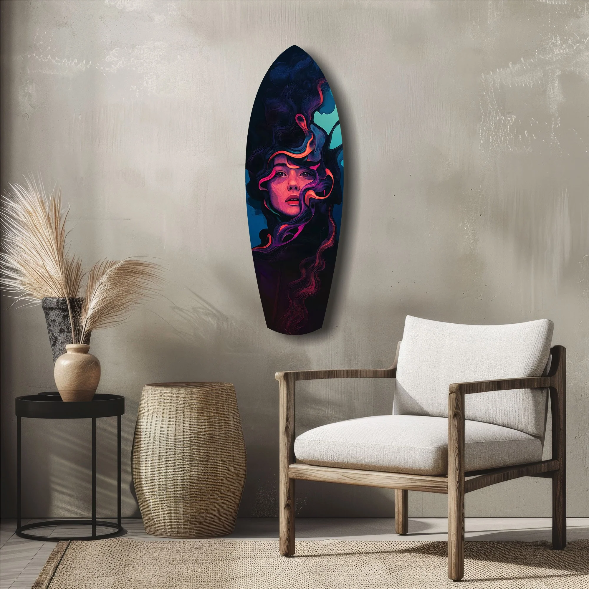 Neon Smoke Woman Portrait Surreal Glass Wall Art - Image 5