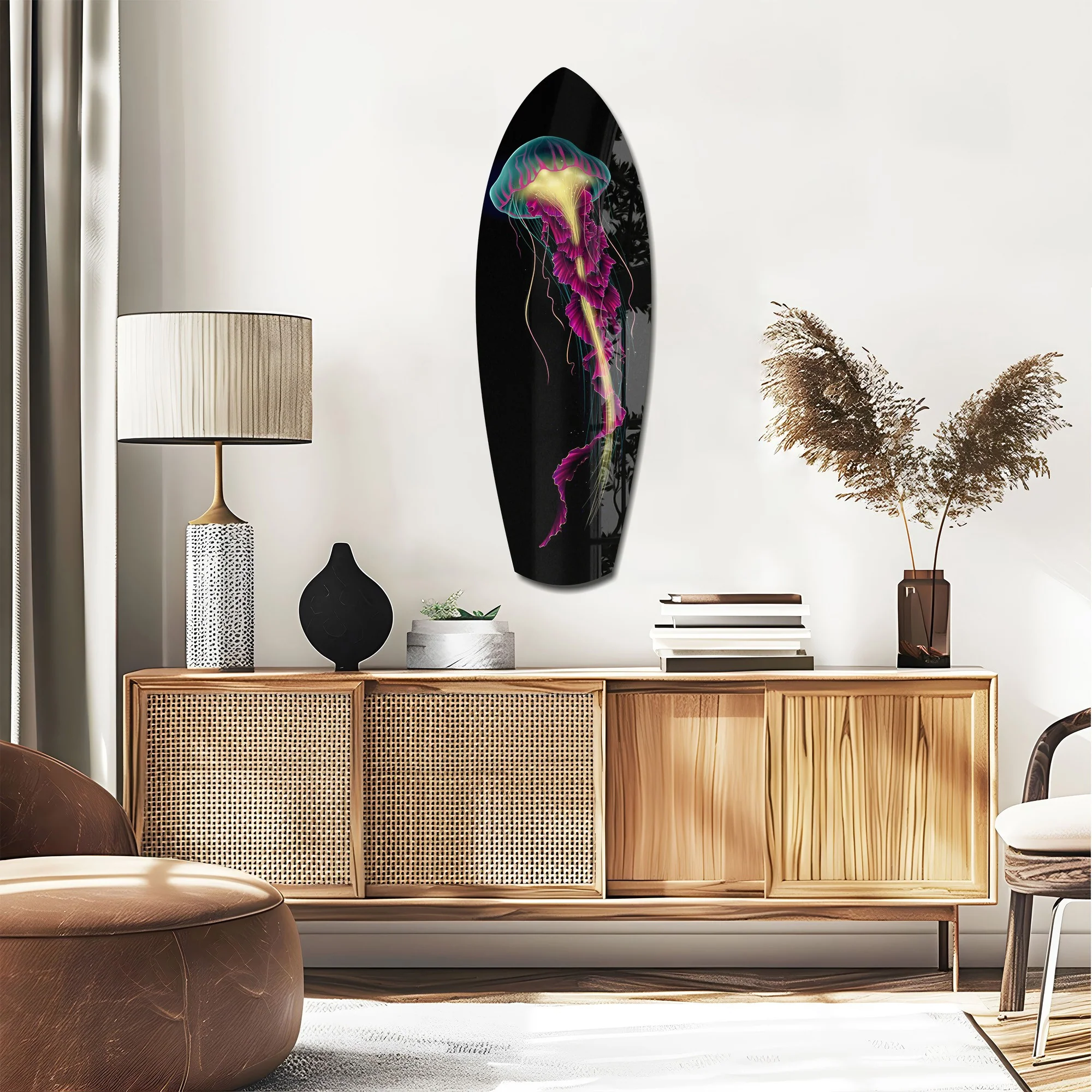 Magenta Teal Jellyfish Bioluminescent Glass Wall Art - Image 2