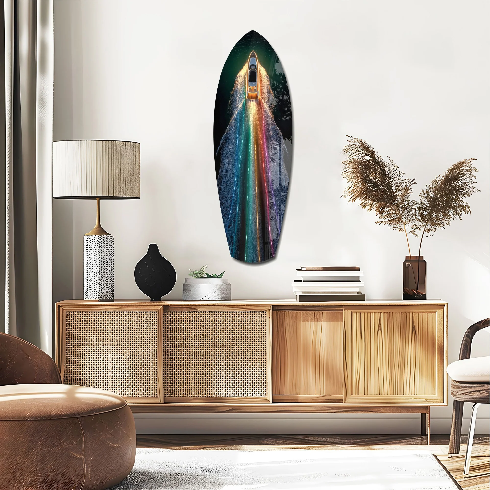 Rainbow Wake Speedboat Aerial Glass Wall Art - Image 2