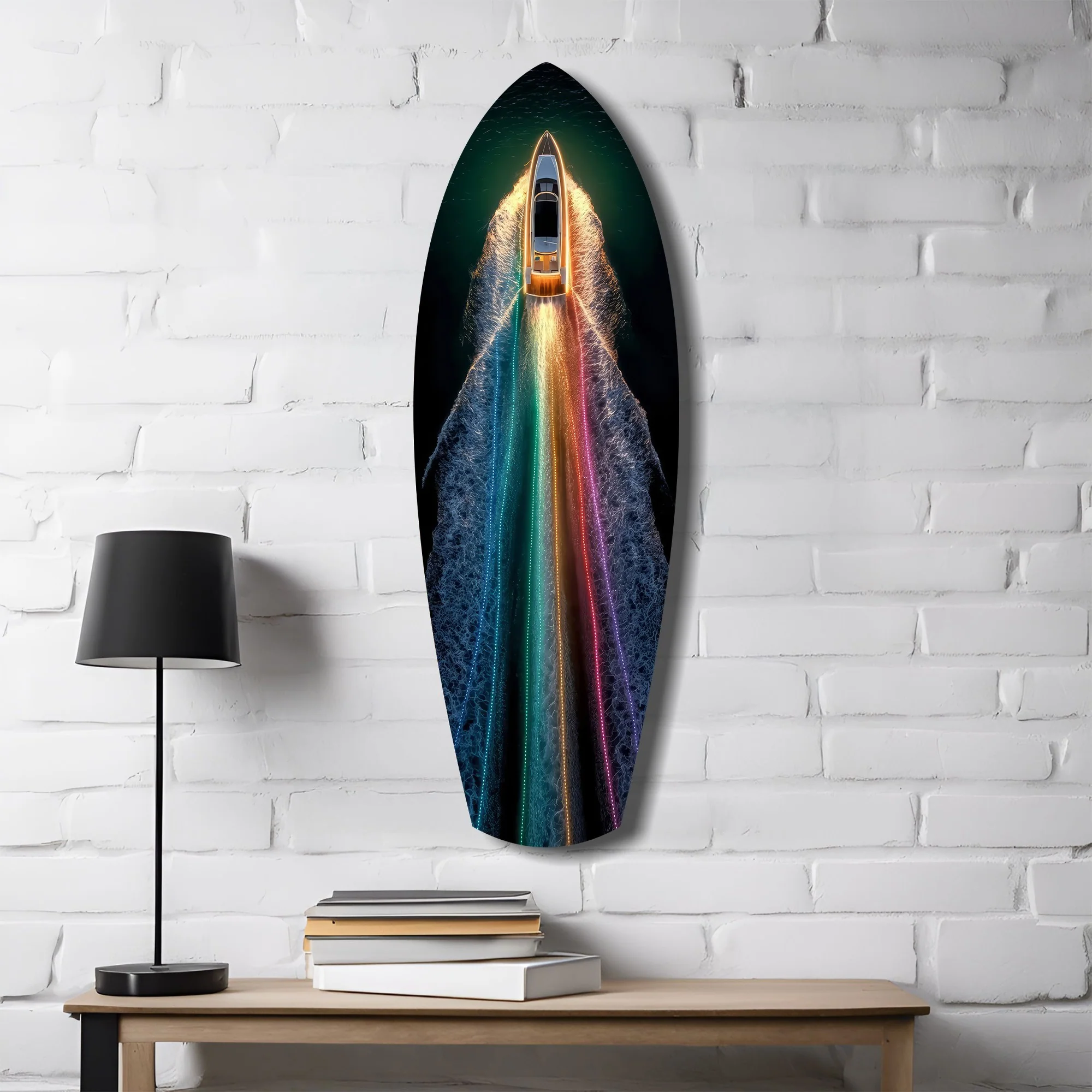 Rainbow Wake Speedboat Aerial Glass Wall Art - Image 4