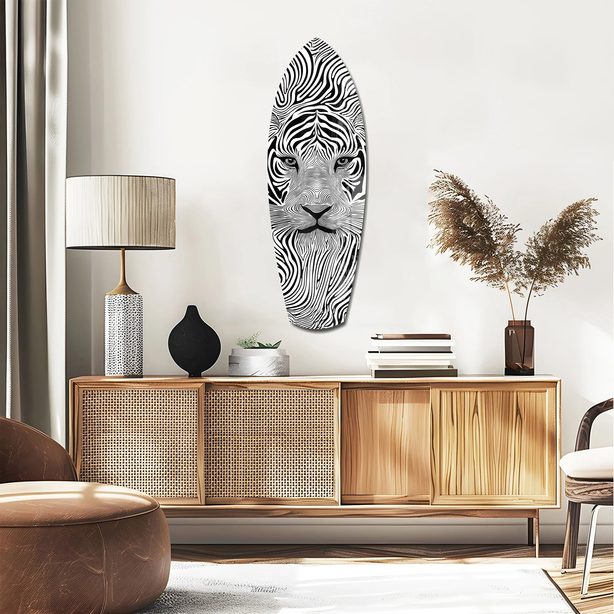 Optical Lion Black White Lines Glass Wall Art - Image 2