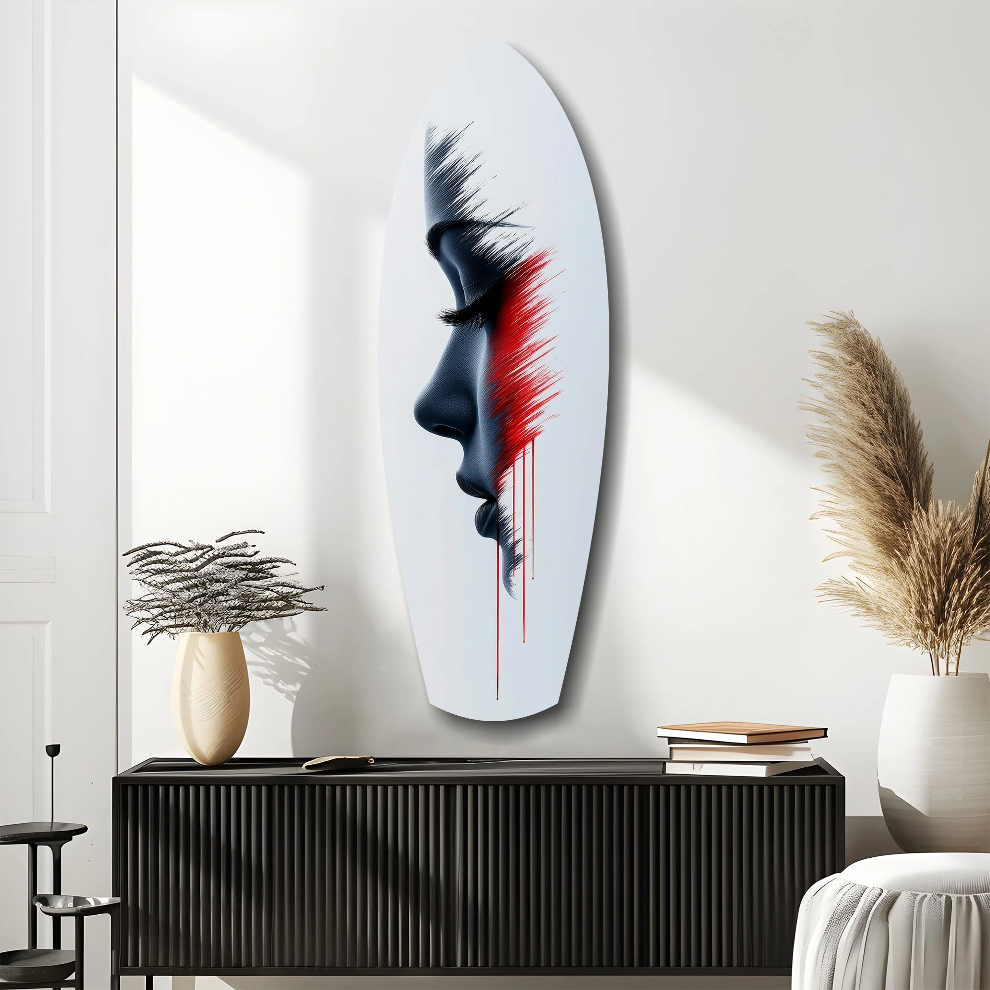 Brushstroke Face Profile Red Tear Glass Wall Art - Image 10