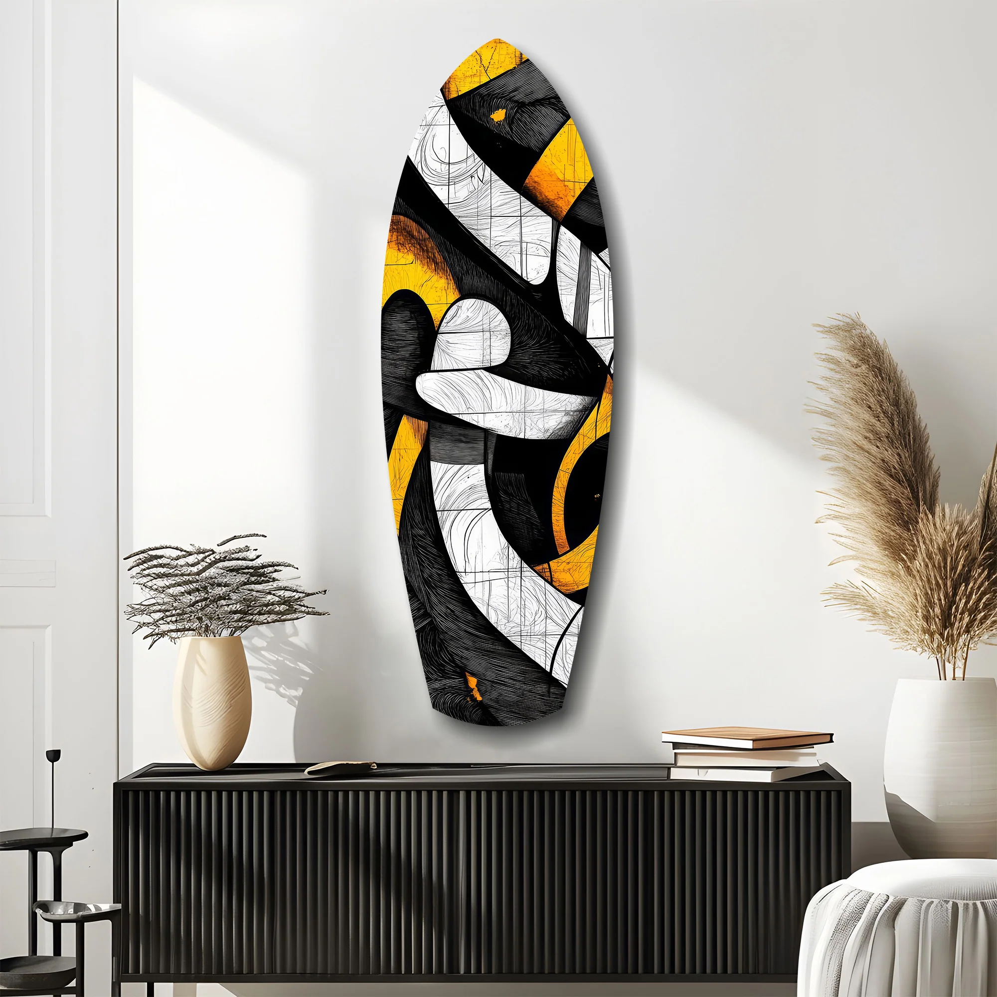 Cubist Abstract Yellow Black Sketch Glass Wall Art - Image 10