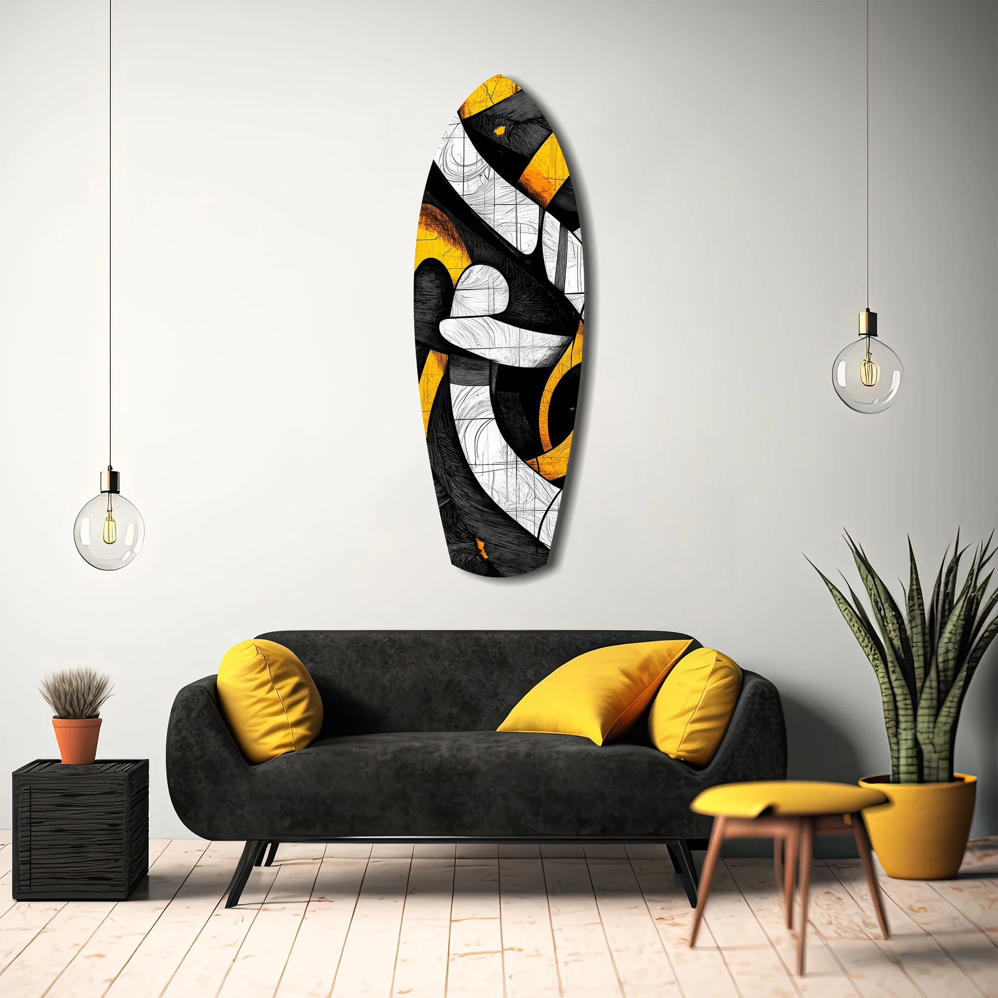 Cubist Abstract Yellow Black Sketch Glass Wall Art - Image 12