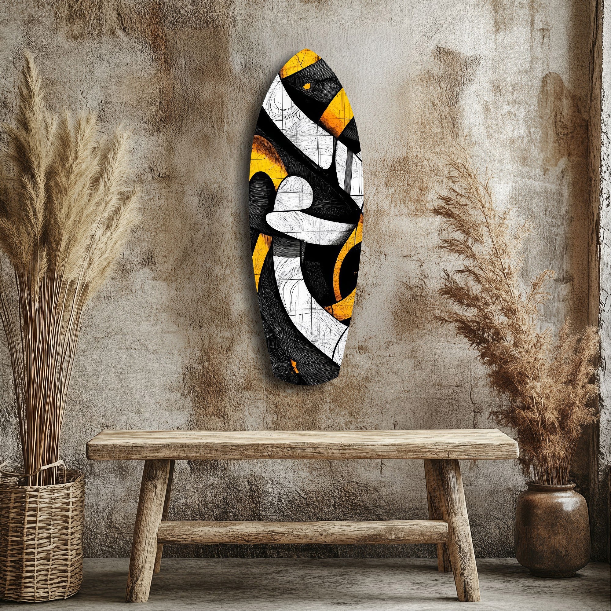 Cubist Abstract Yellow Black Sketch Glass Wall Art - Image 3