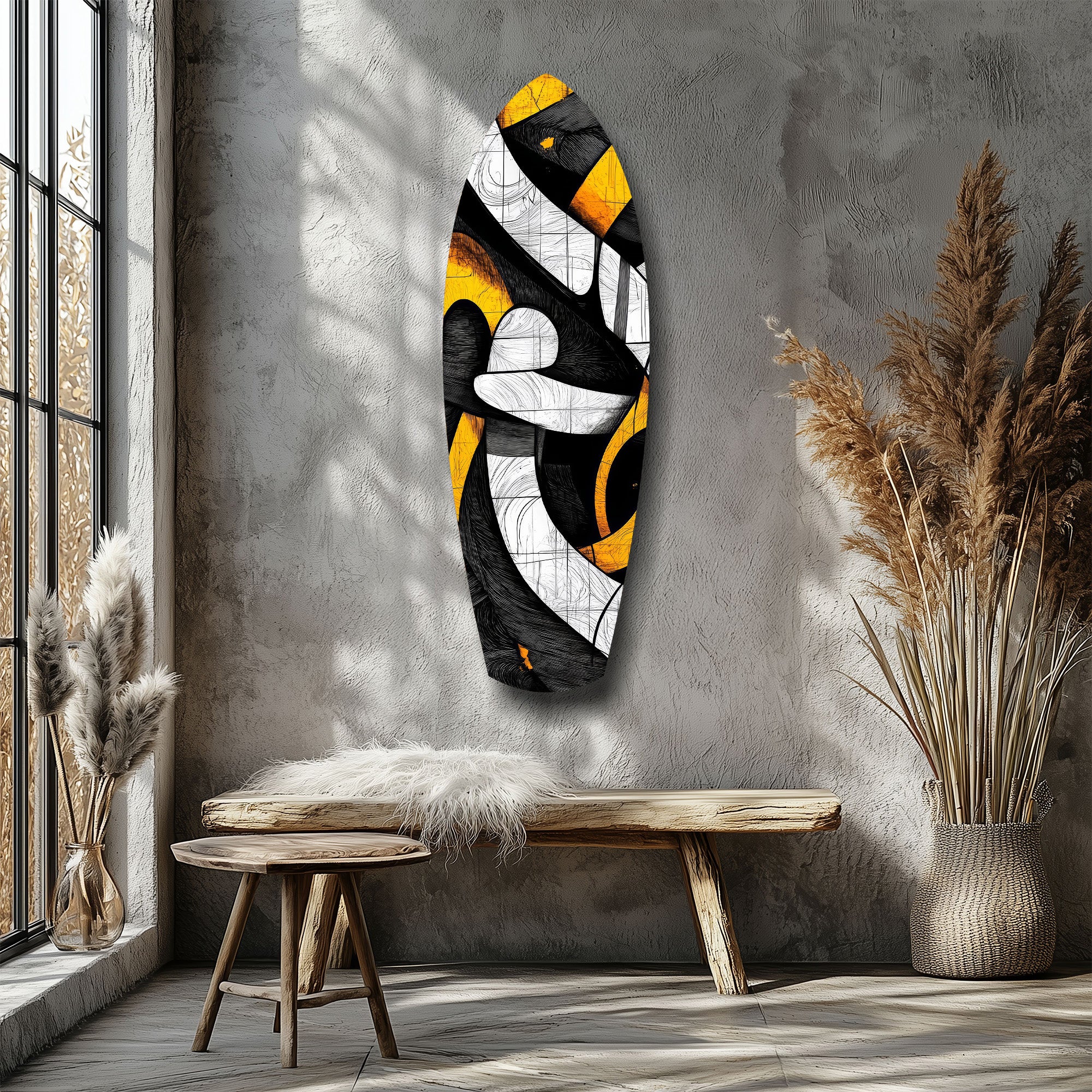 Cubist Abstract Yellow Black Sketch Glass Wall Art - Image 8