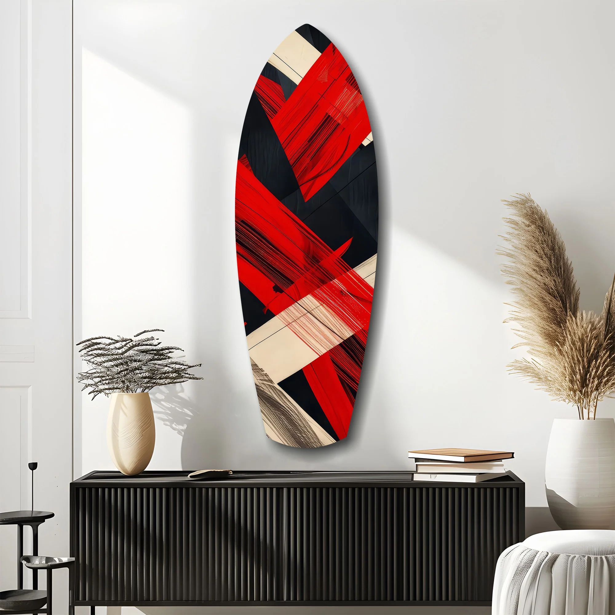 Red Black Cream Brushstroke Abstract Glass Wall Art - Image 10