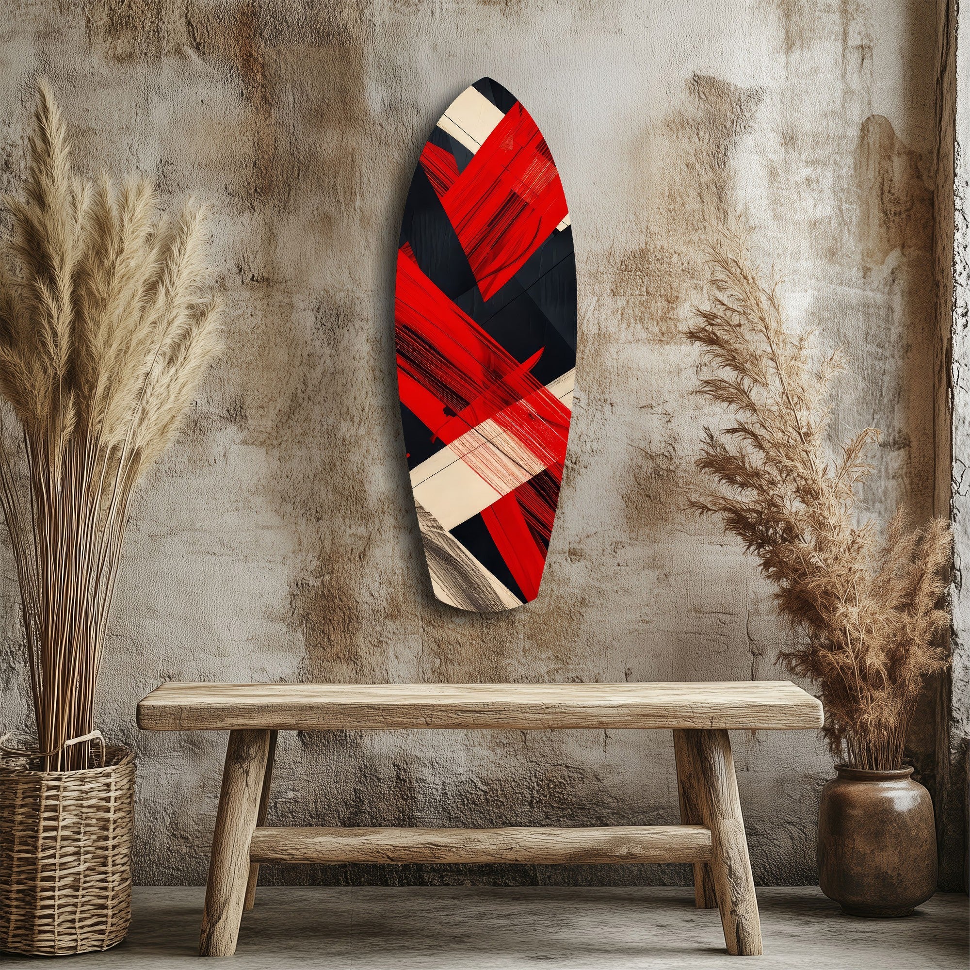 Red Black Cream Brushstroke Abstract Glass Wall Art - Image 3