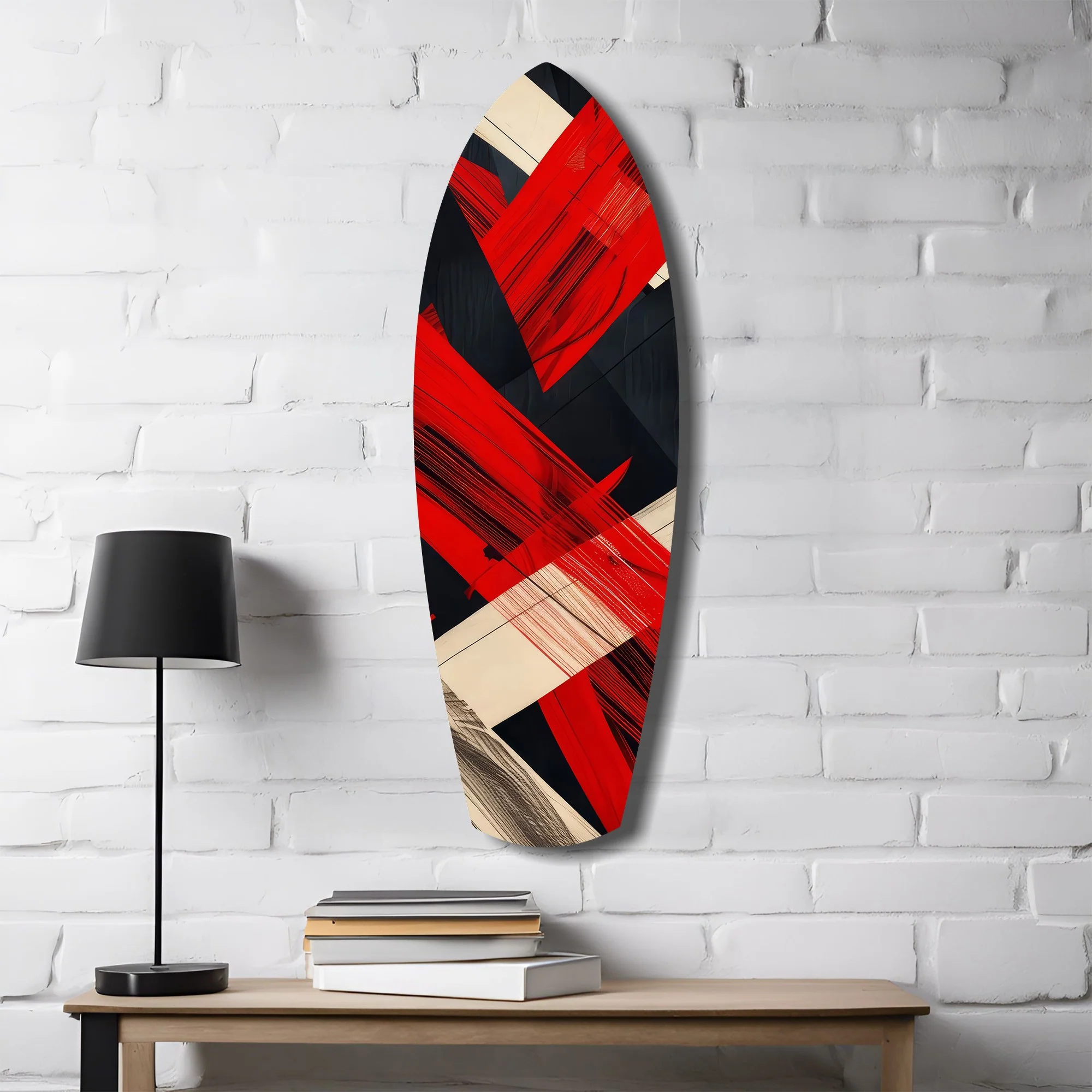 Red Black Cream Brushstroke Abstract Glass Wall Art - Image 4