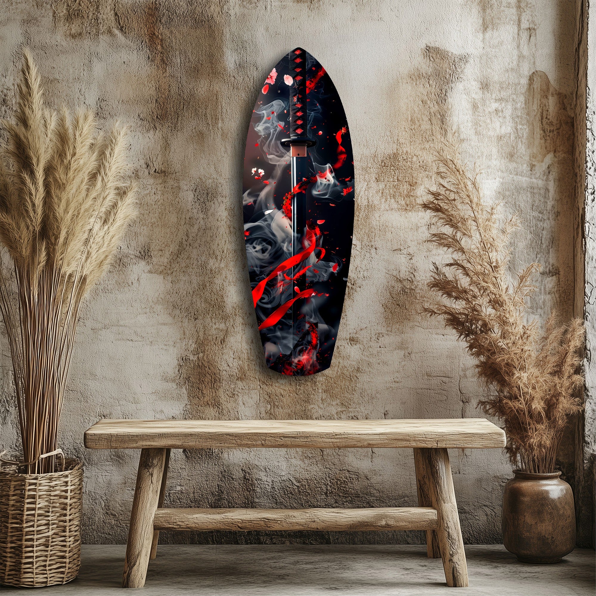 Samurai Katana Cherry Blossom Smoke Glass Wall Art - Image 3