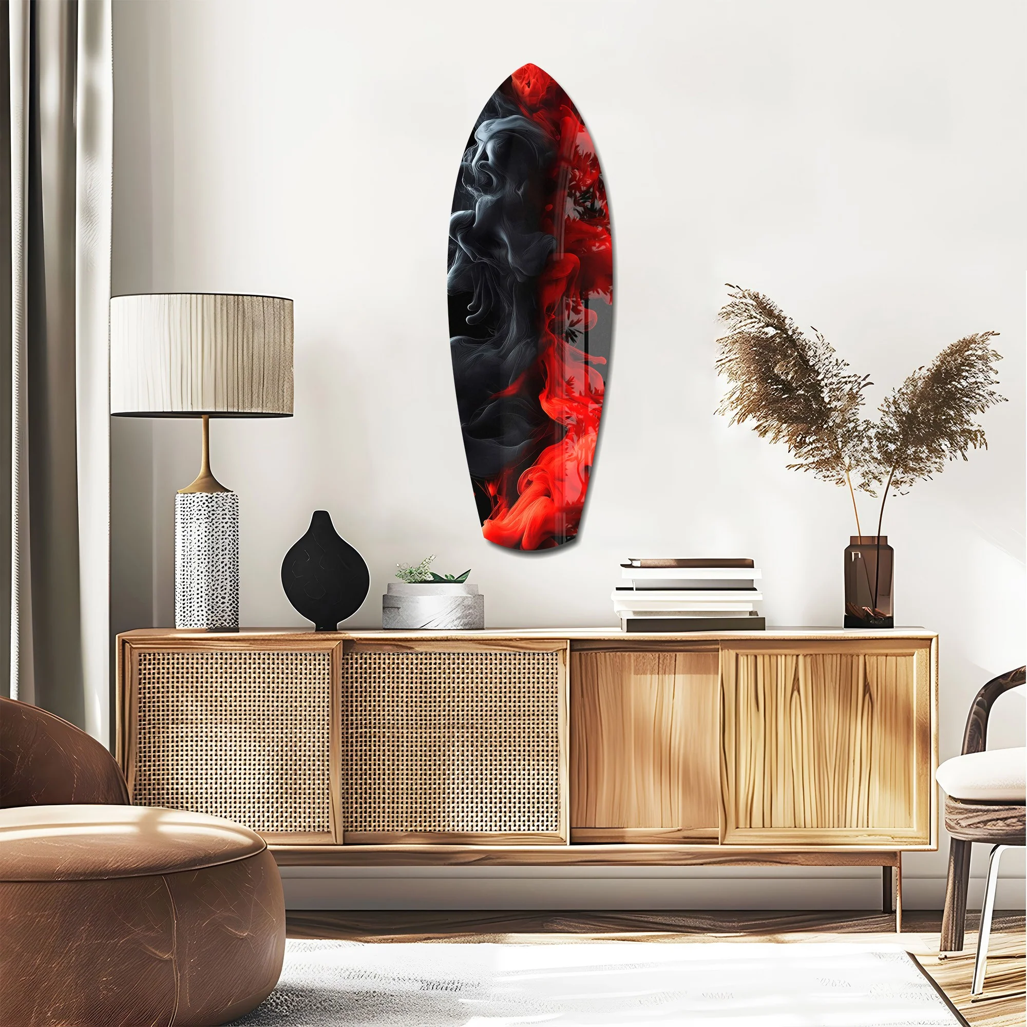 Red Black Smoke Ink Swirl Glass Wall Art - Image 2