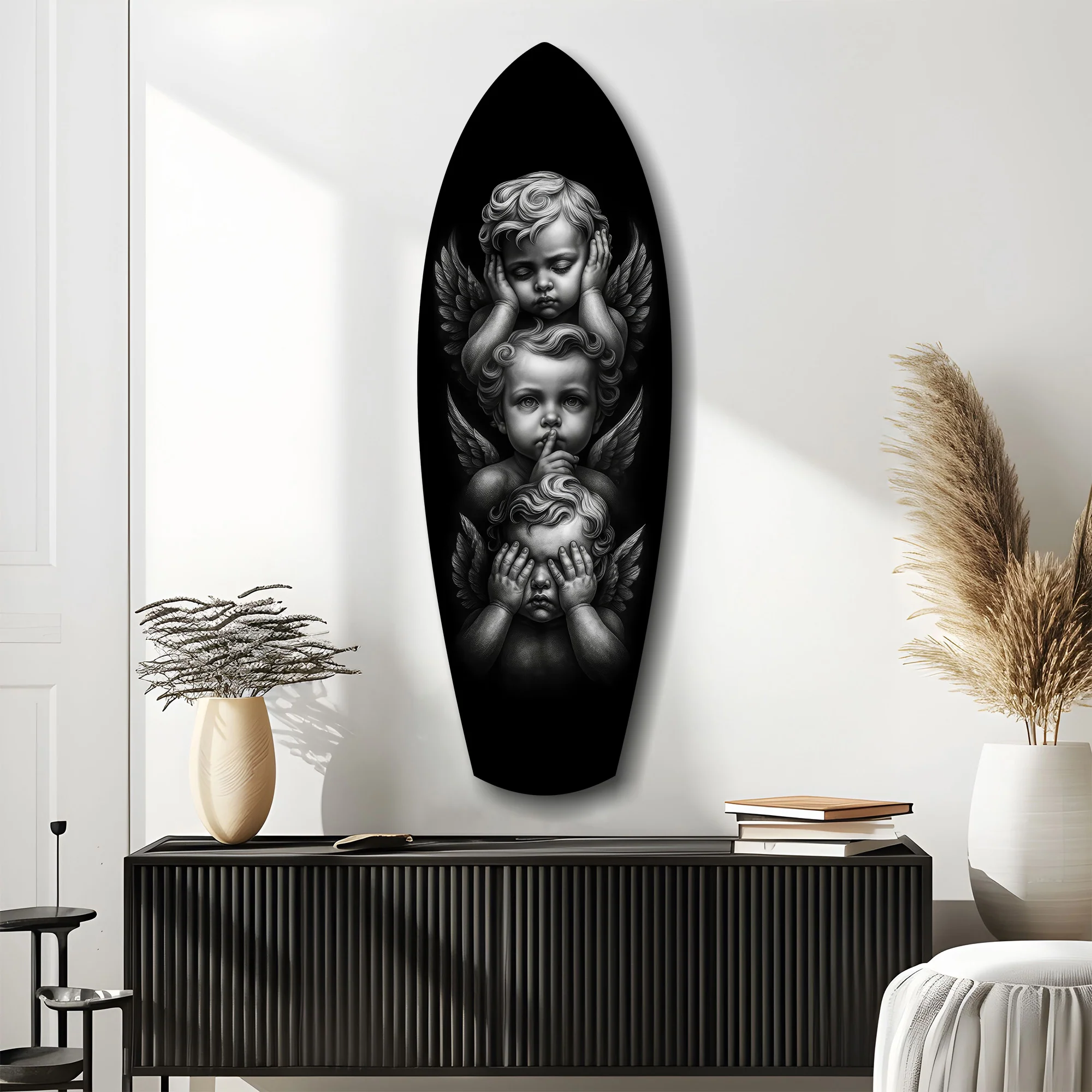 Three Wise Cherubs See Hear Speak No Evil Glass Wall Art - Image 10