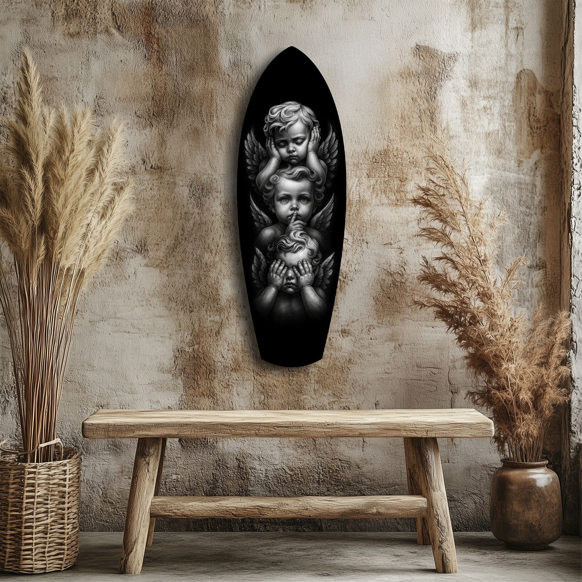 Three Wise Cherubs See Hear Speak No Evil Glass Wall Art - Image 3