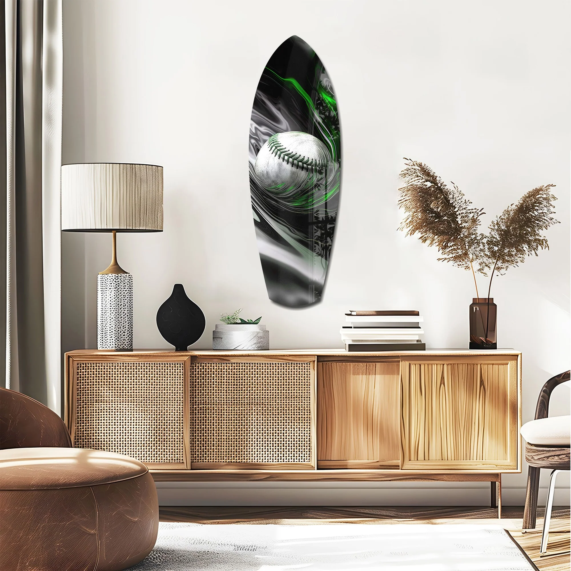 Baseball Liquid Swirl Black Green Glass Wall Art - Image 2