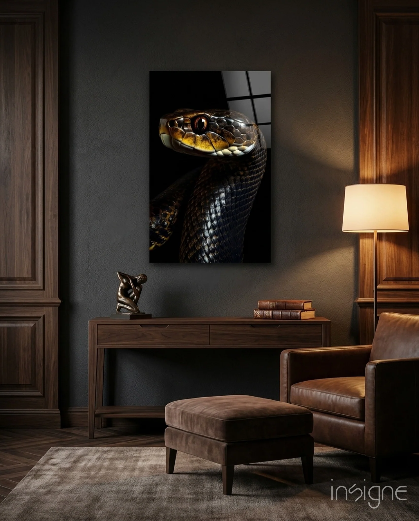 Golden-Eyed Black Snake Glass Wall Art || Designer Collection