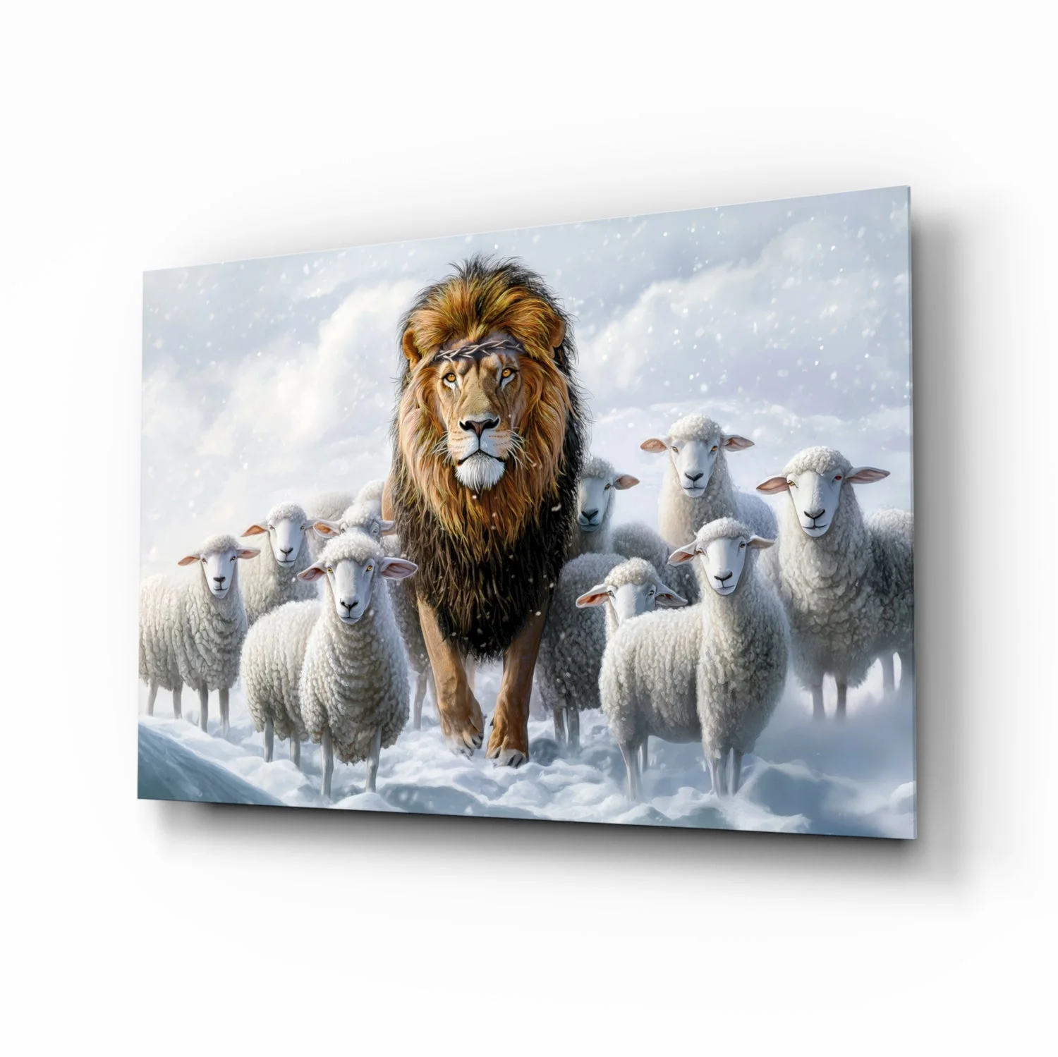 The Lion and the Lambs: Snowy Kingdom Glass Wall Art || Designer Collection - Image 2