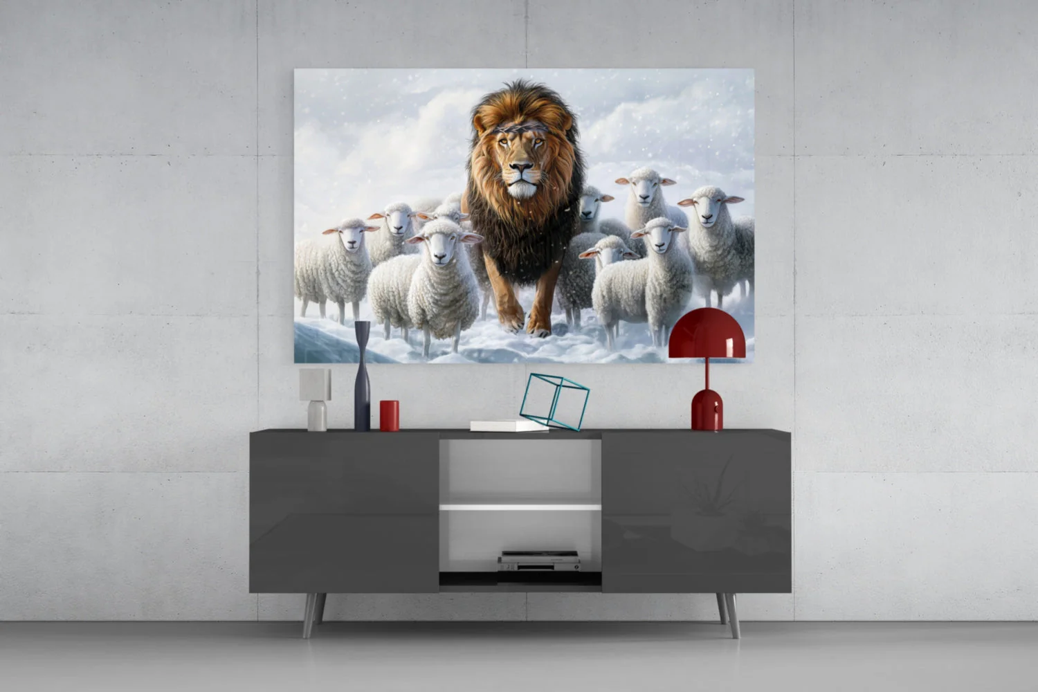 The Lion and the Lambs: Snowy Kingdom Glass Wall Art || Designer Collection - Image 9