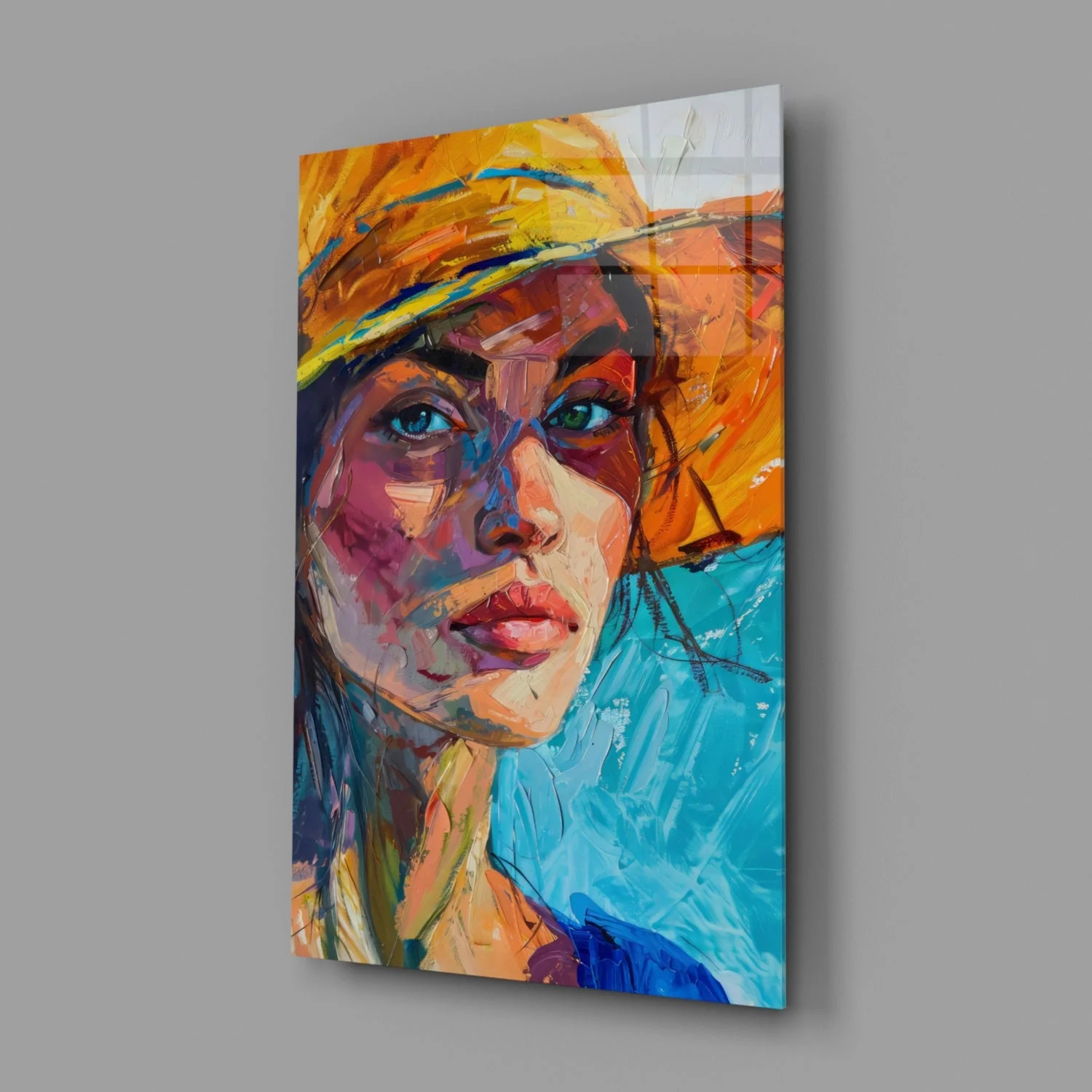 Woman in Orange Hat Glass Wall Art || Designer Collection - Image 2