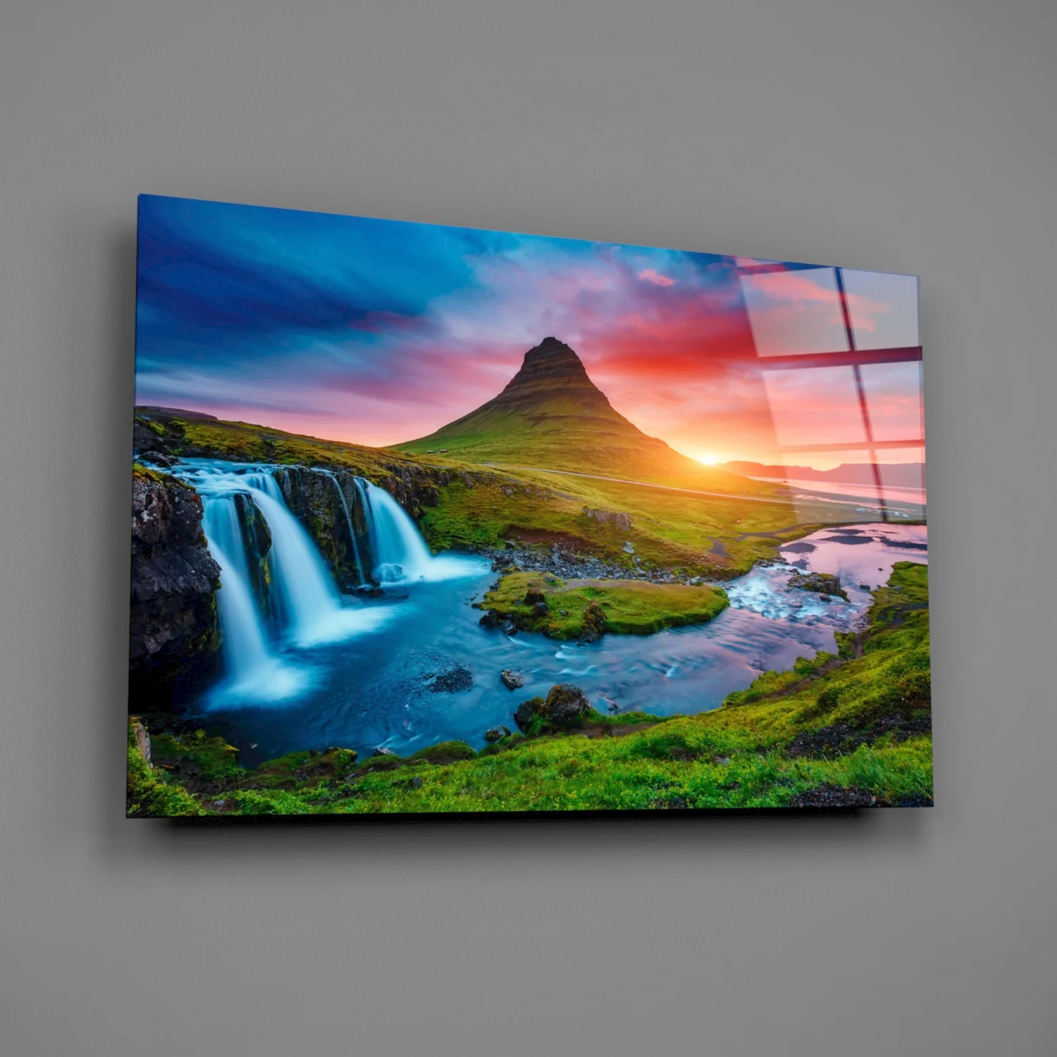 Kirkjufellsfoss Waterfall and View Glass Wall Art - Image 2