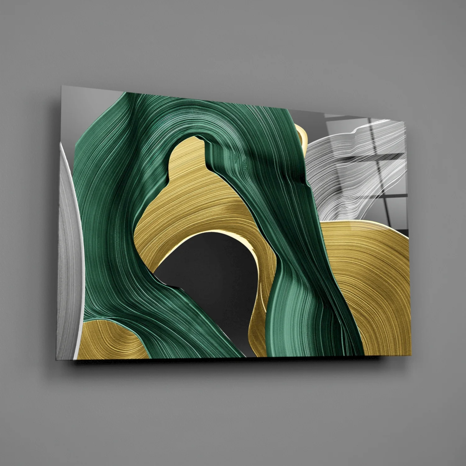 Elegant Swirls in Gold and Green Glass Wall Art - Image 2