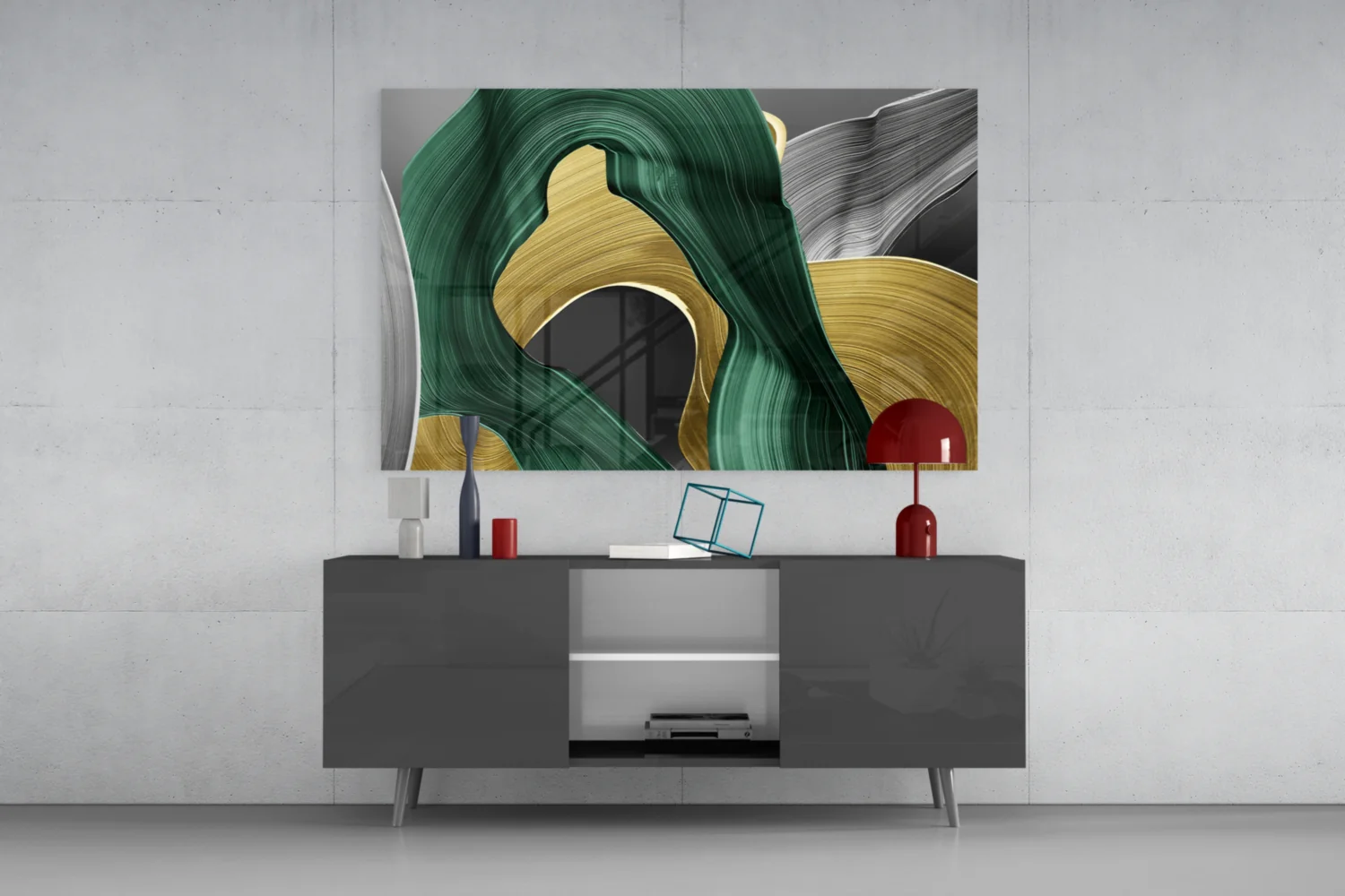 Elegant Swirls in Gold and Green Glass Wall Art - Image 3