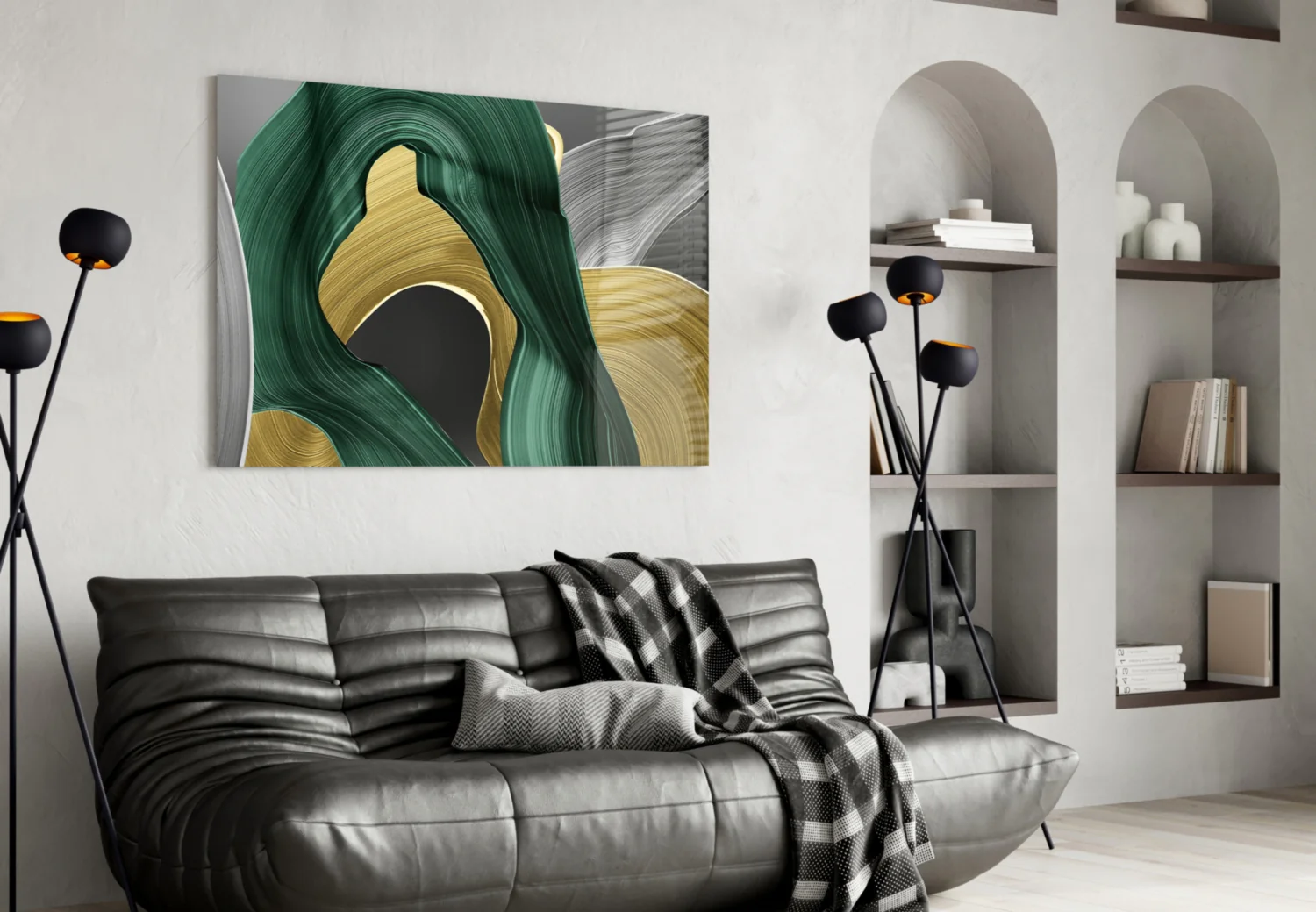 Elegant Swirls in Gold and Green Glass Wall Art - Image 4