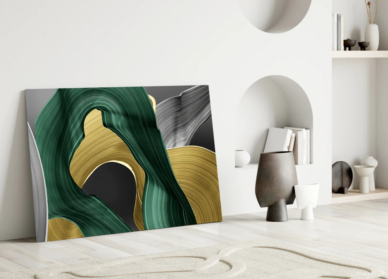 Elegant Swirls in Gold and Green Glass Wall Art - Image 5