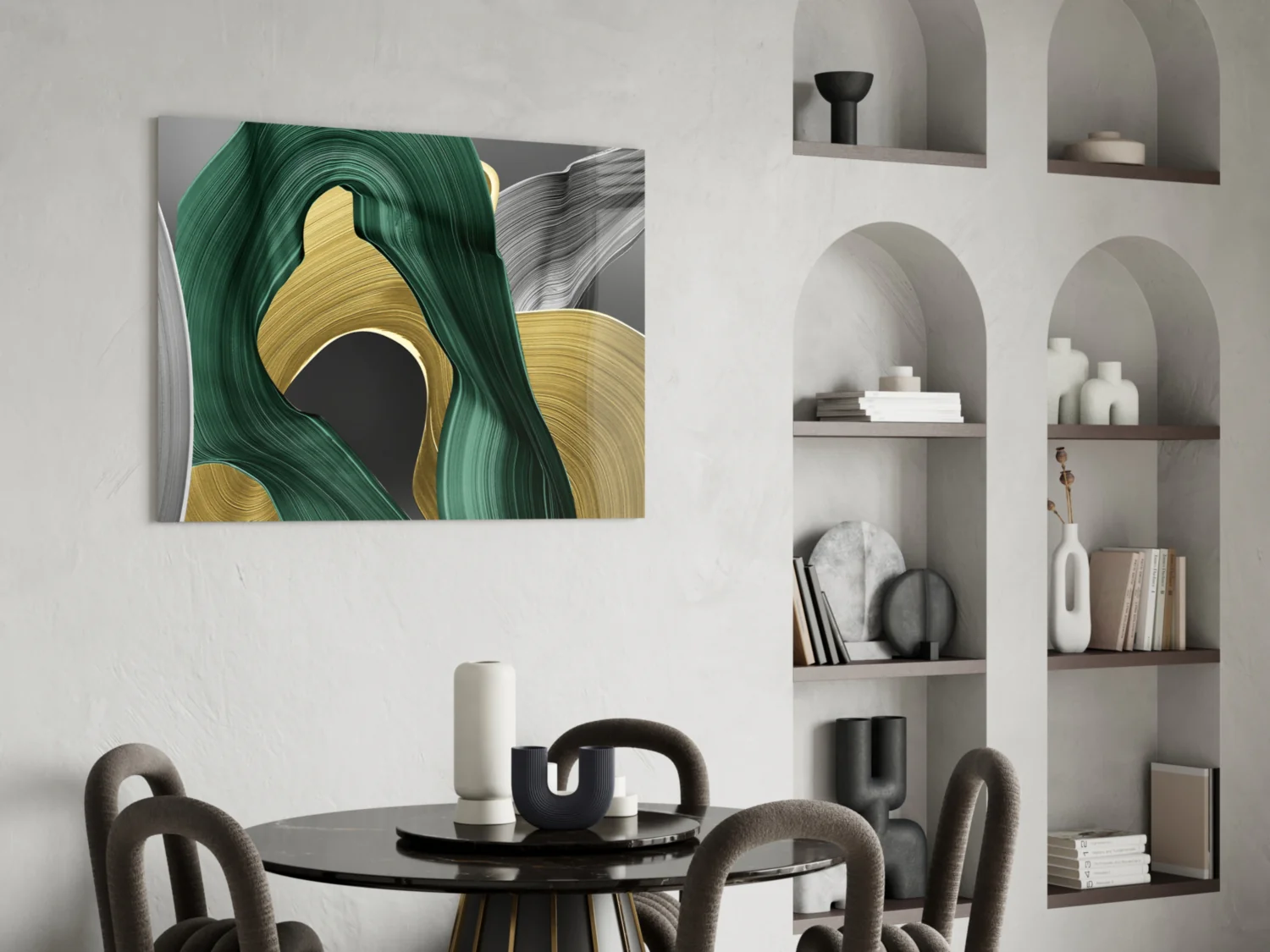 Elegant Swirls in Gold and Green Glass Wall Art - Image 7