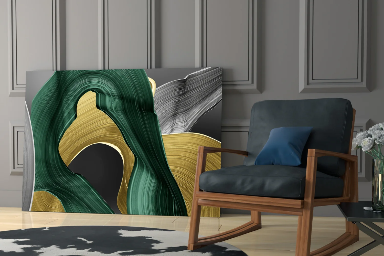 Elegant Swirls in Gold and Green Glass Wall Art - Image 8