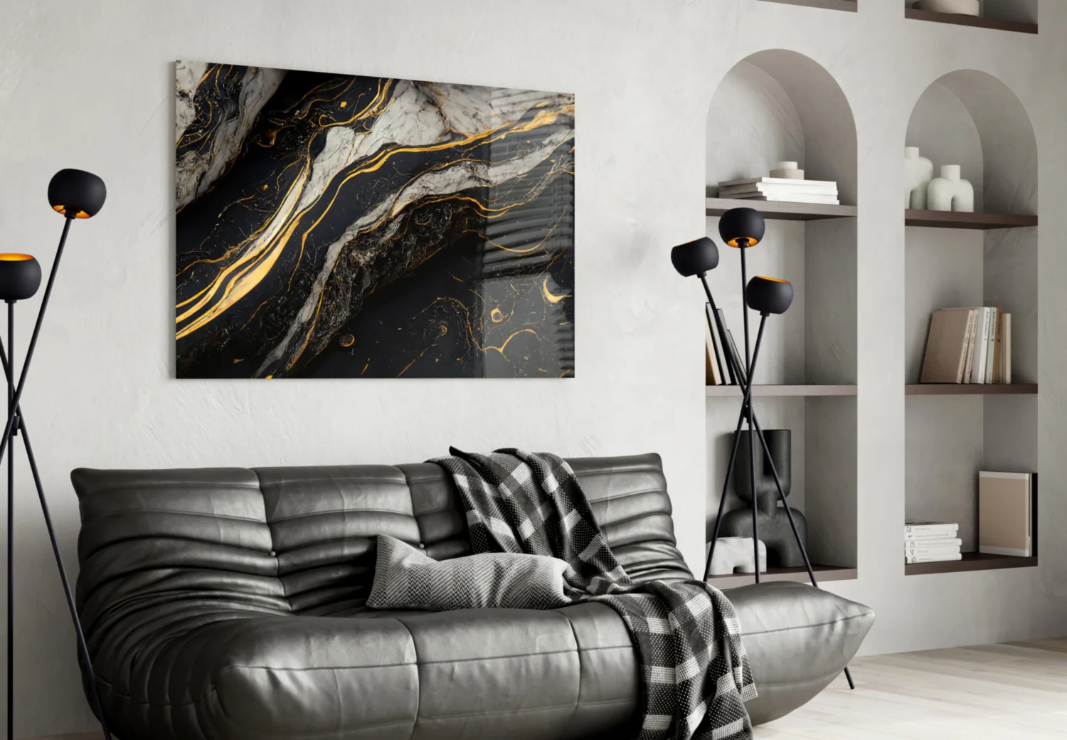 Elegant Black Gold Marble Swirl Glass Wall Art - Image 4