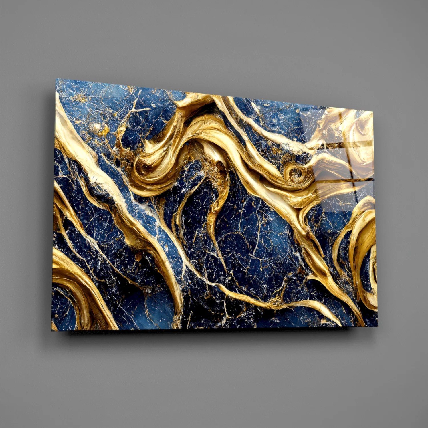 Elegant Gold Swirls on Navy Glass Wall Art - Image 2