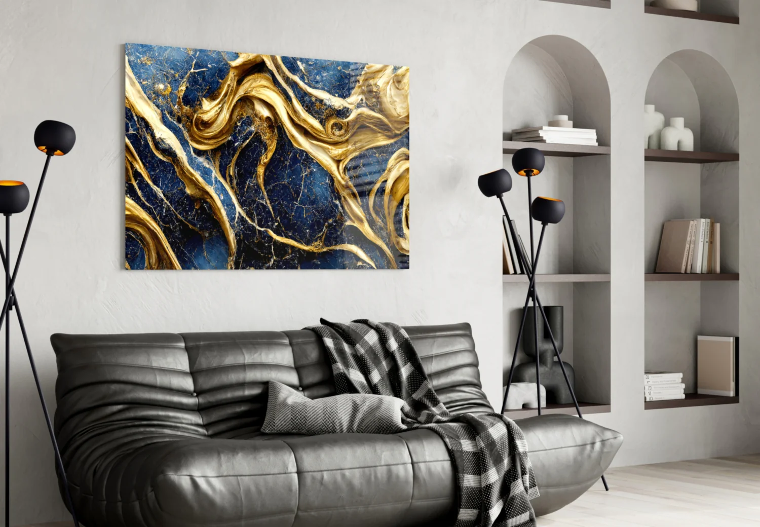 Elegant Gold Swirls on Navy Glass Wall Art - Image 4