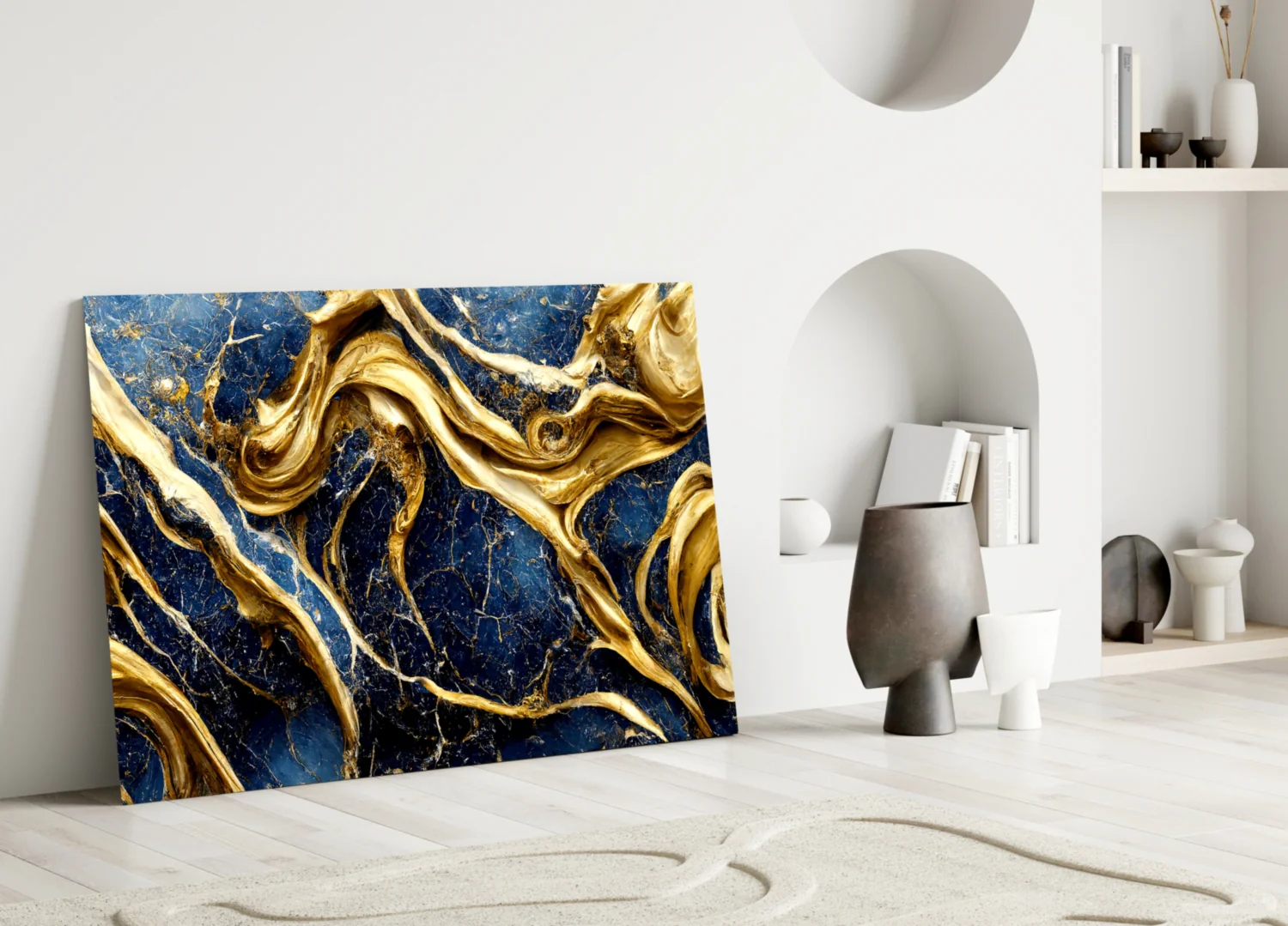 Elegant Gold Swirls on Navy Glass Wall Art - Image 5