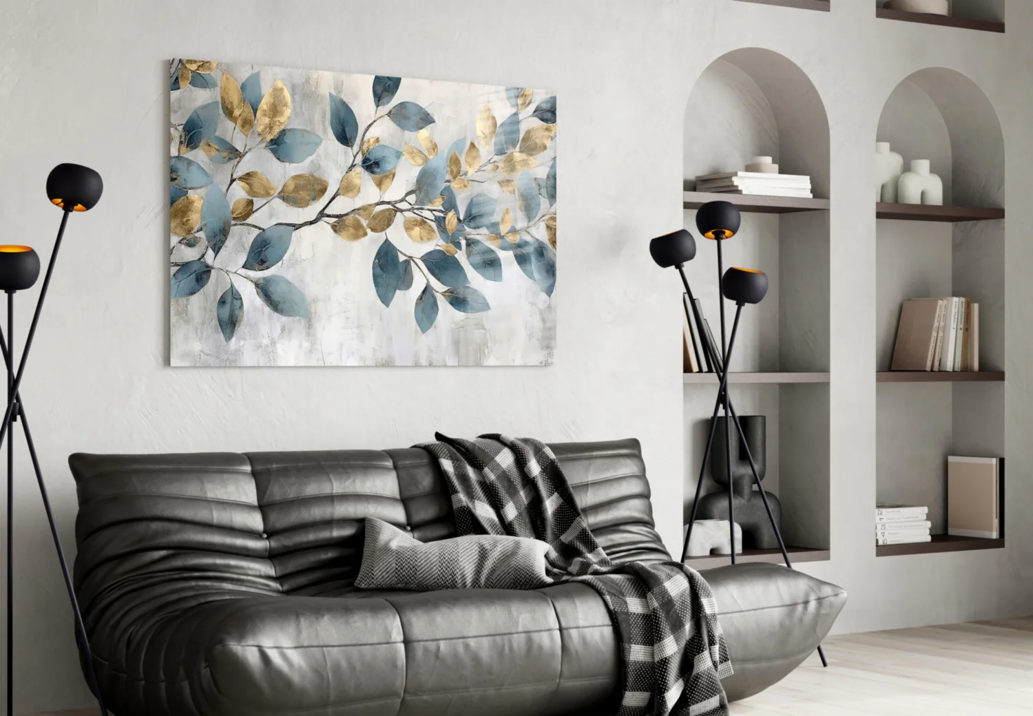 Elegant Gold & Blue Leaves Glass Wall Art - Image 4