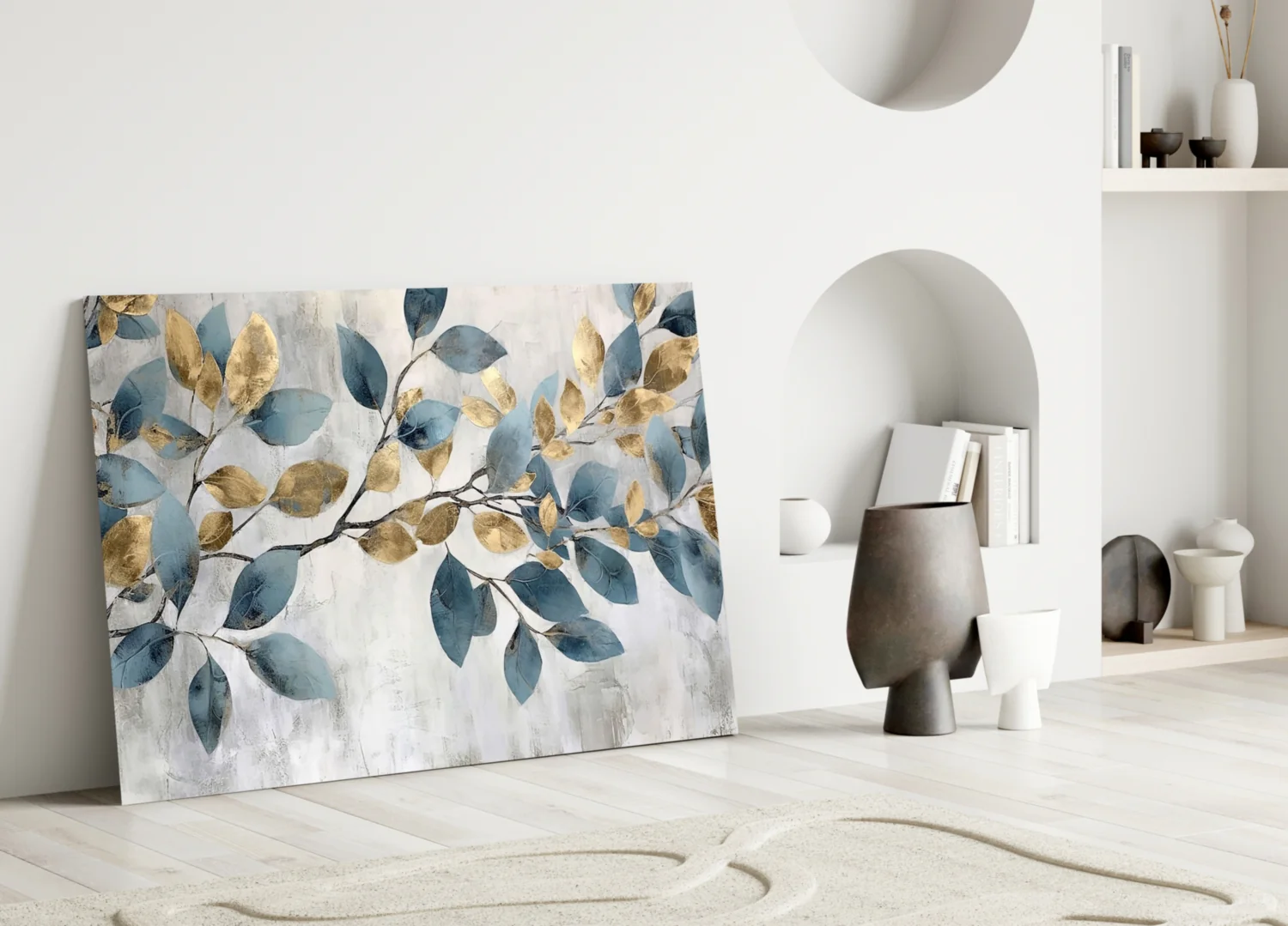 Elegant Gold & Blue Leaves Glass Wall Art - Image 5