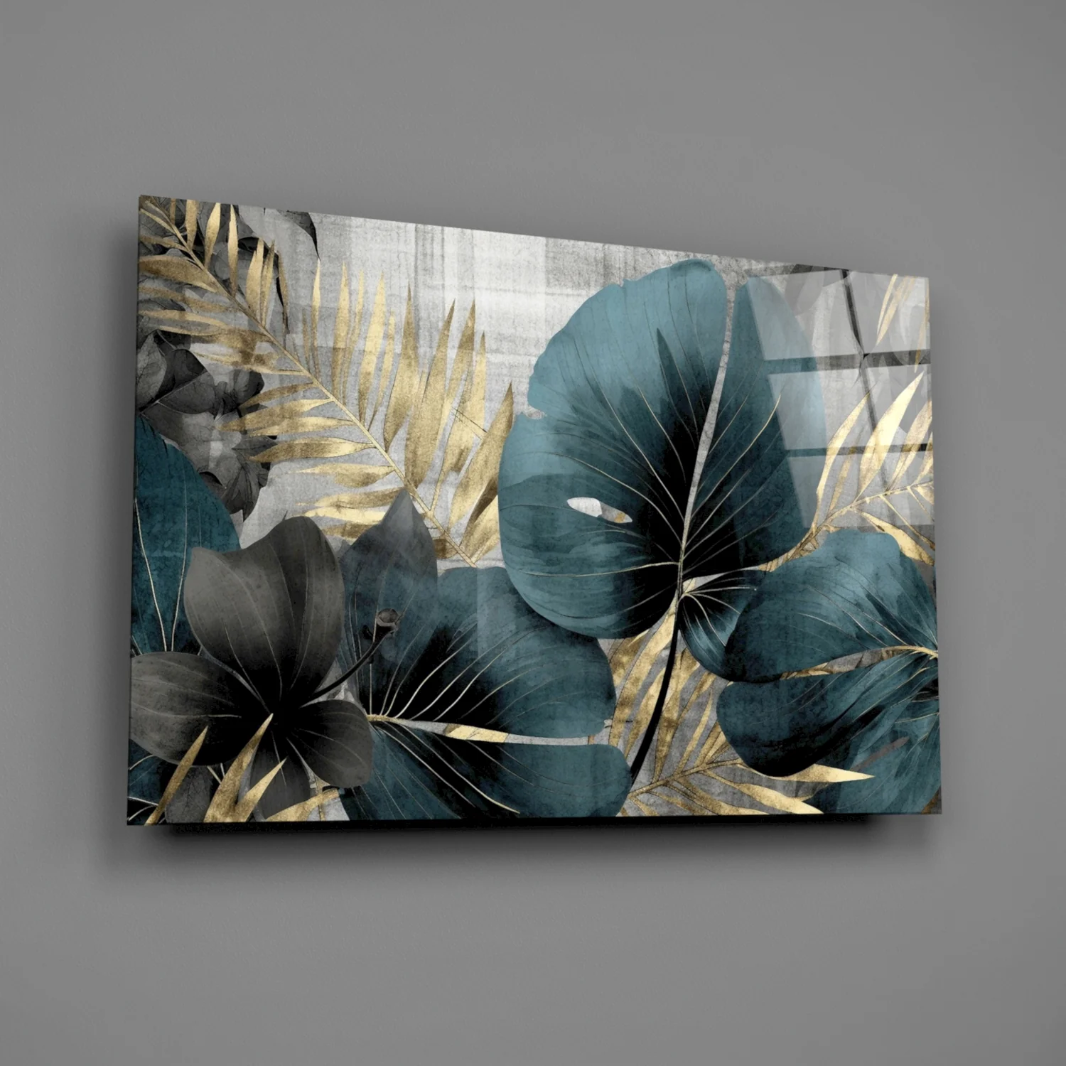 Elegant Teal & Gold Leaf Glass Wall Art - Image 2