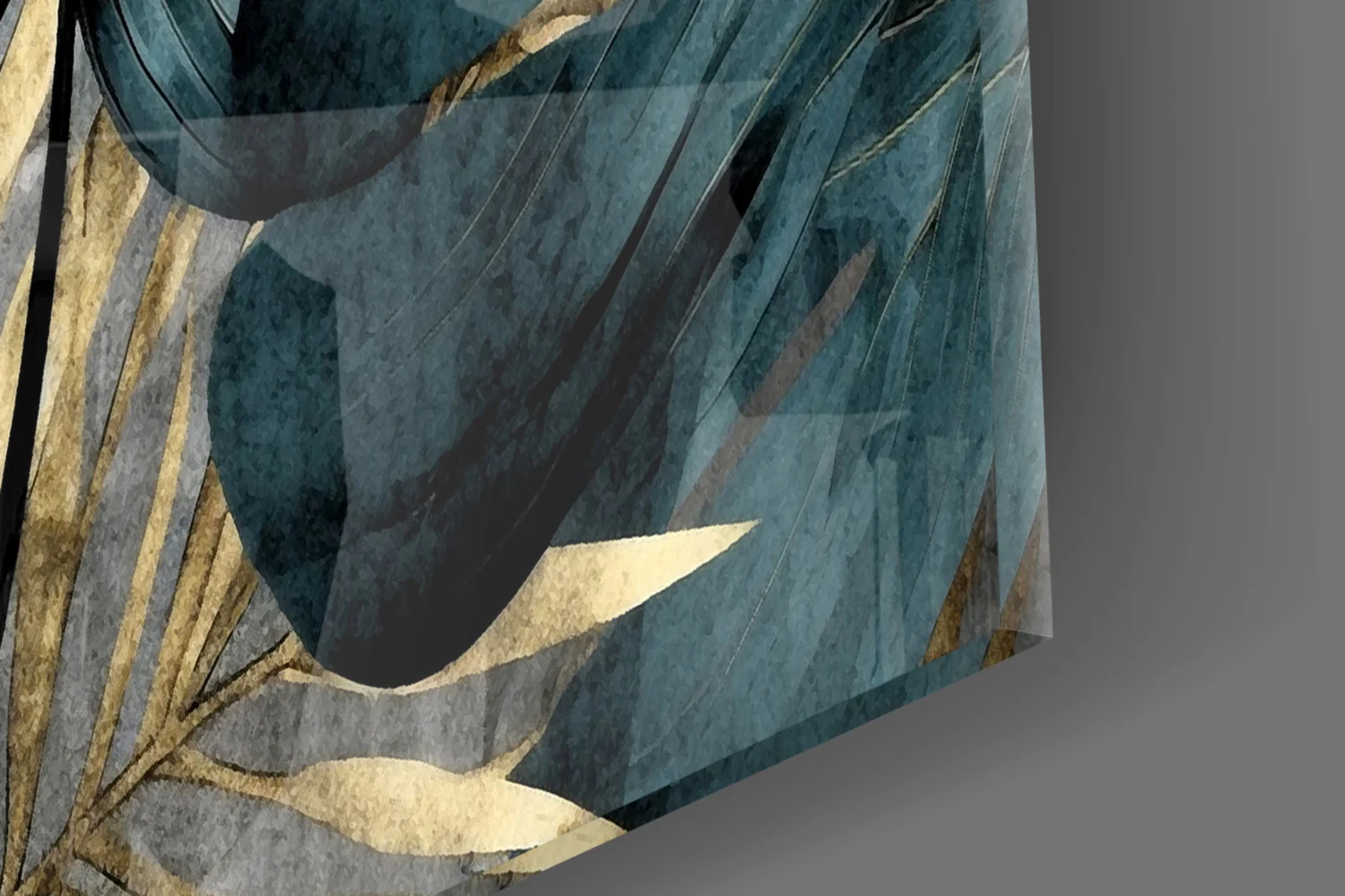 Elegant Teal & Gold Leaf Glass Wall Art - Image 3