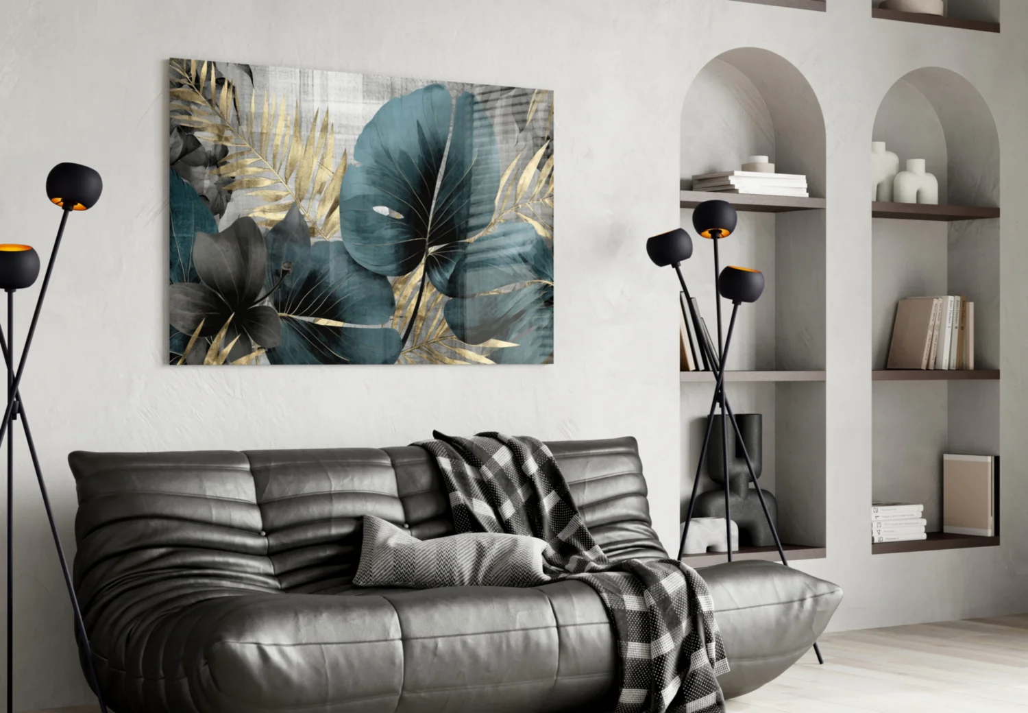 Elegant Teal & Gold Leaf Glass Wall Art - Image 4
