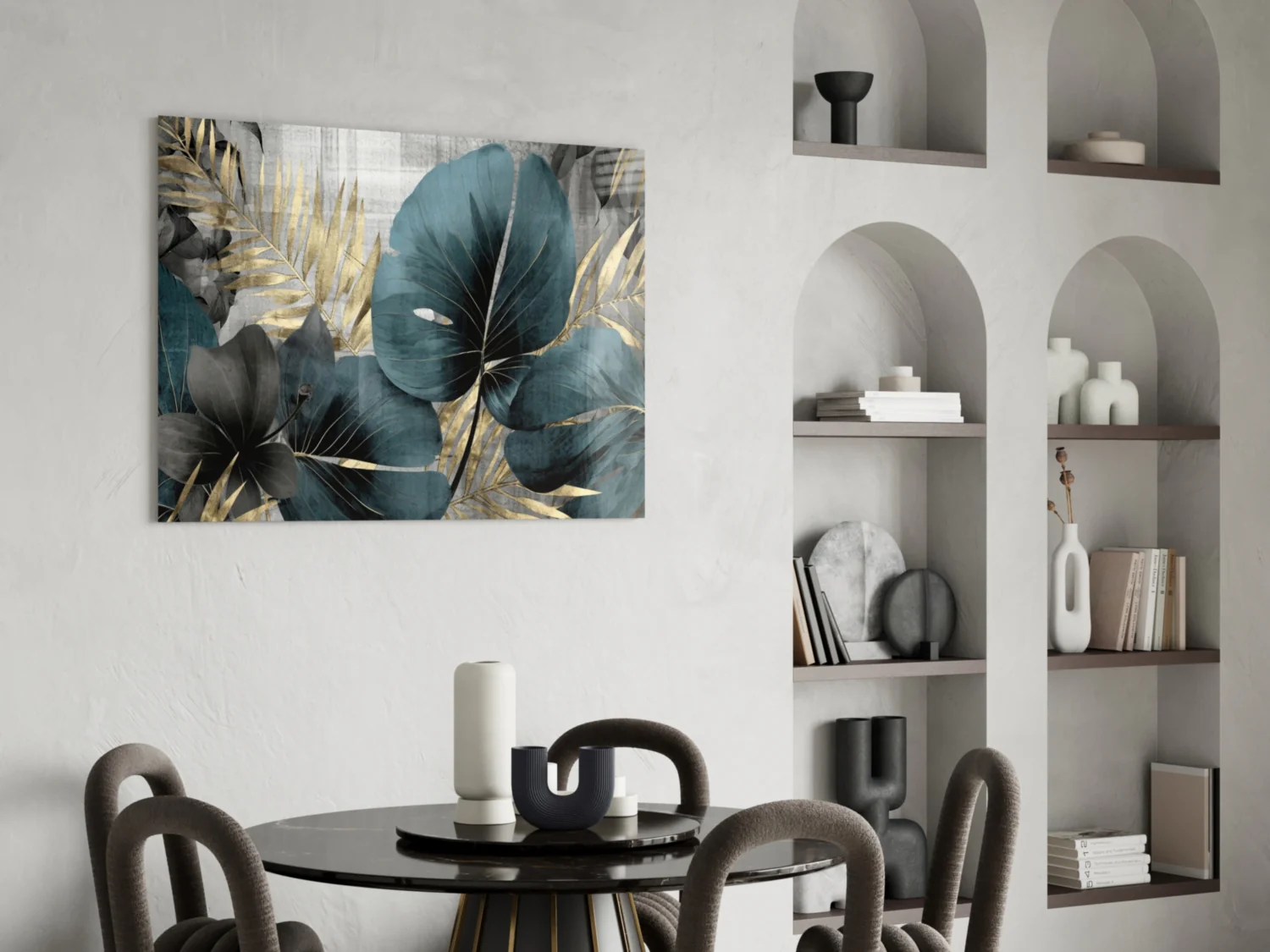 Elegant Teal & Gold Leaf Glass Wall Art - Image 6