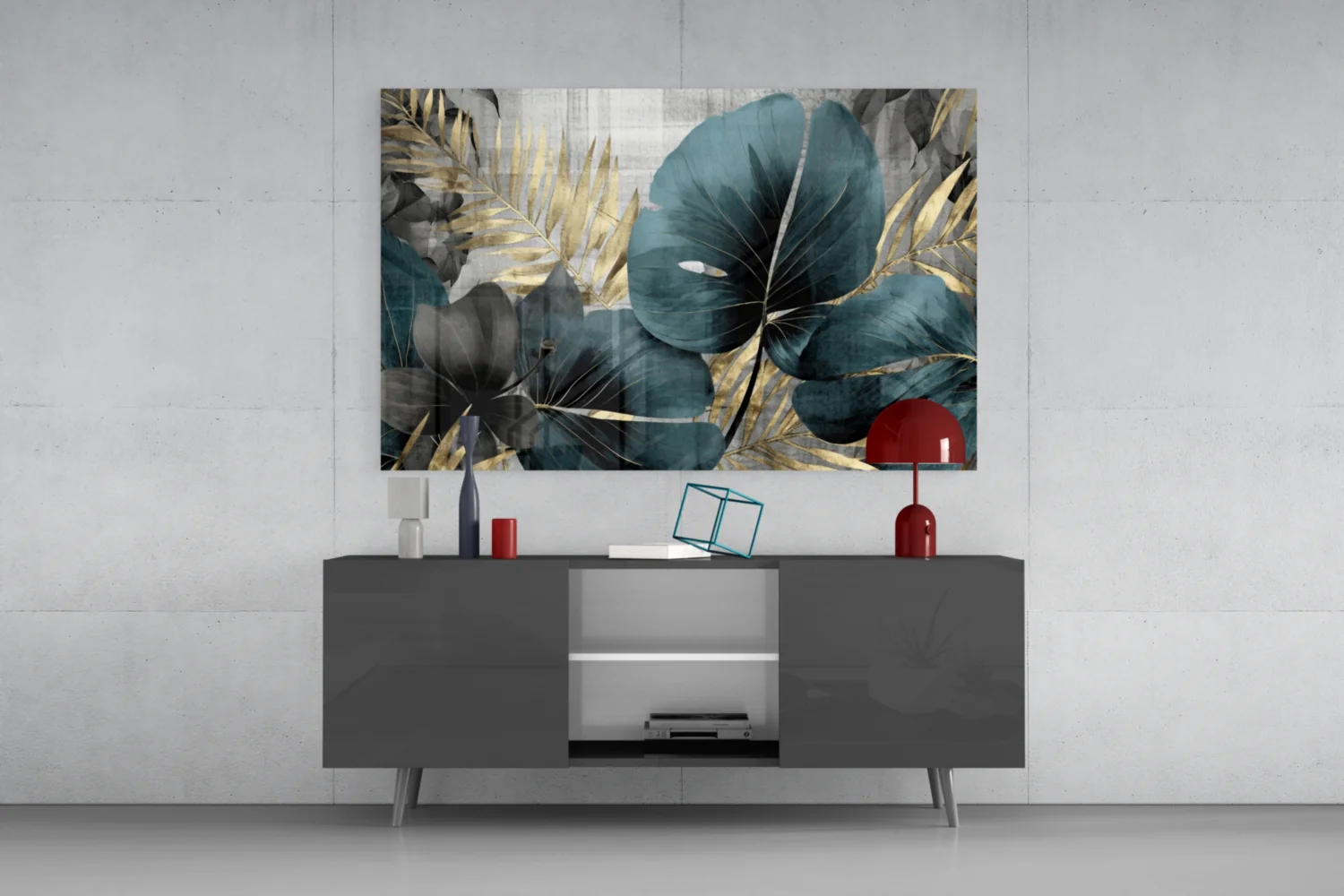 Elegant Teal & Gold Leaf Glass Wall Art - Image 8